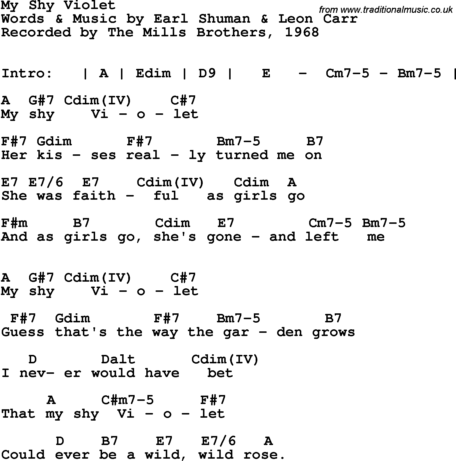 Song Lyrics with guitar chords for My Shy Violet - The Mills Brothers, 1968