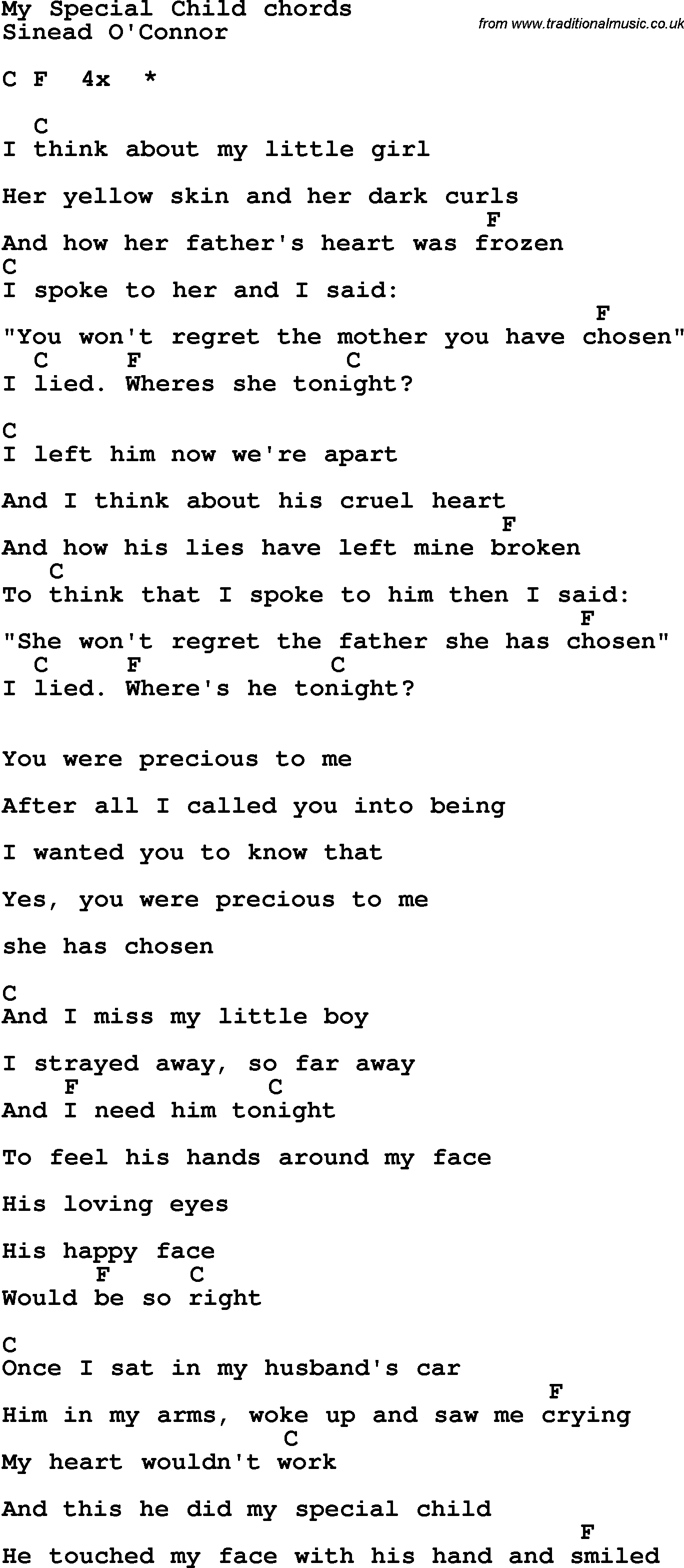 Song Lyrics with guitar chords for My Special Child