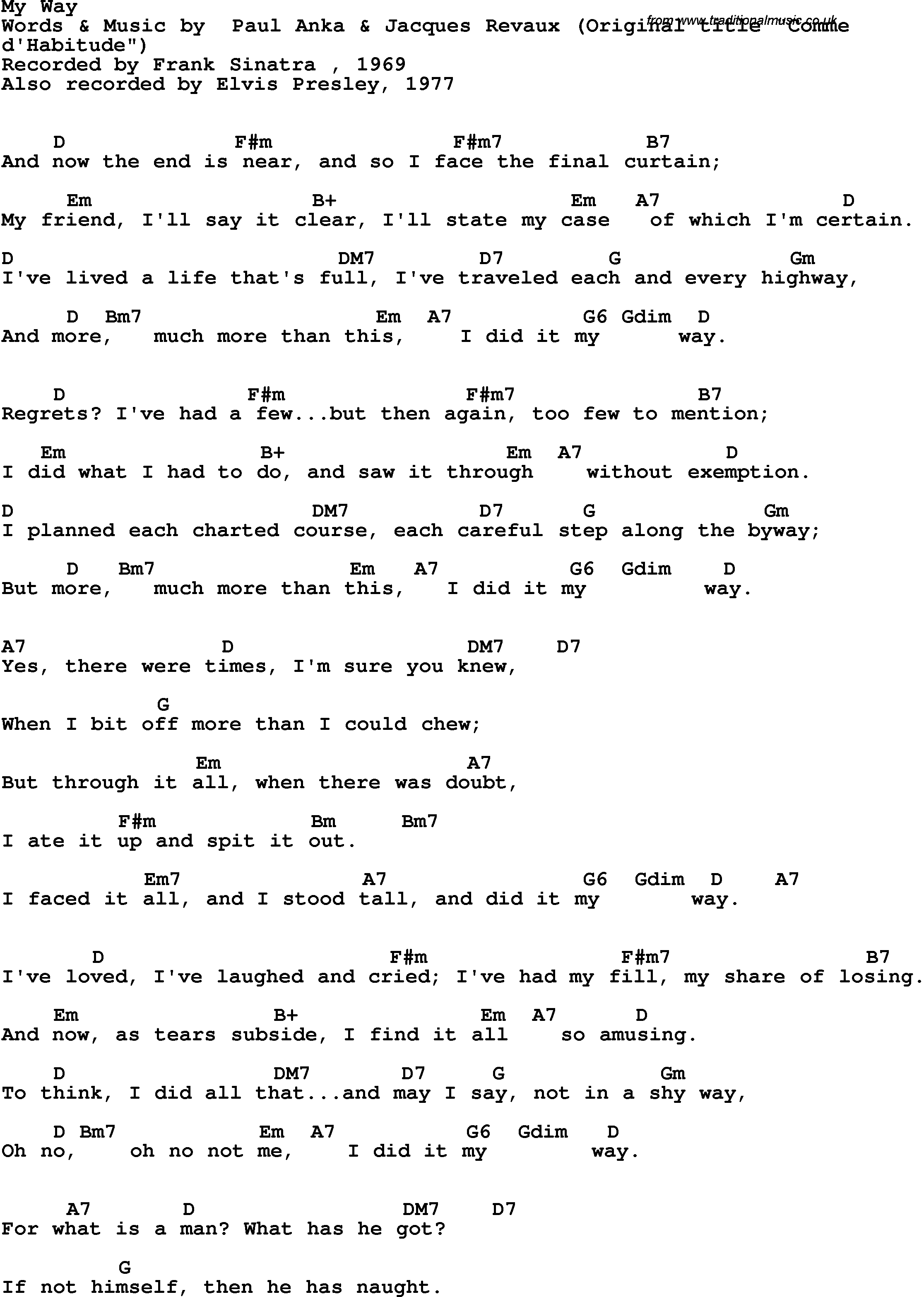 Song lyrics with guitar chords for My Way - Frank Sinatra, 1969