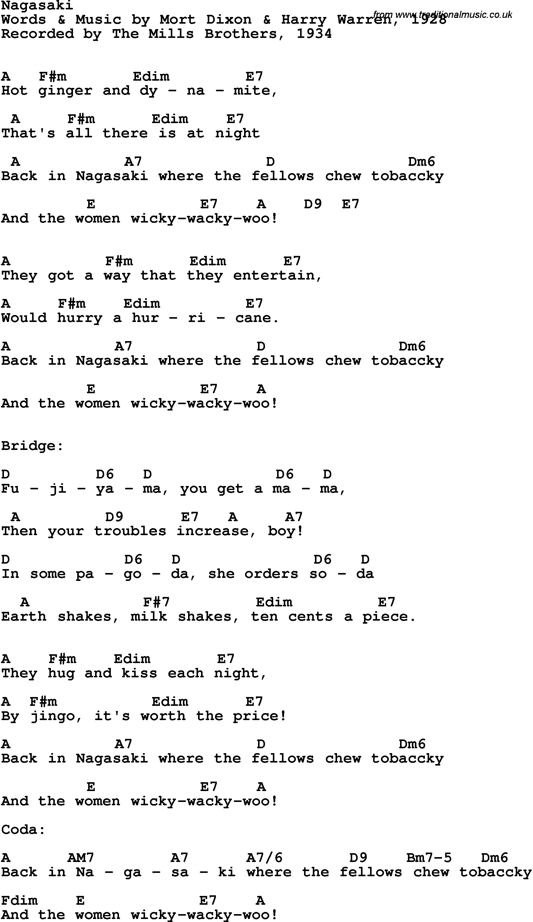 Song Lyrics with guitar chords for Nagasaki - The Mills Brothers, 1934