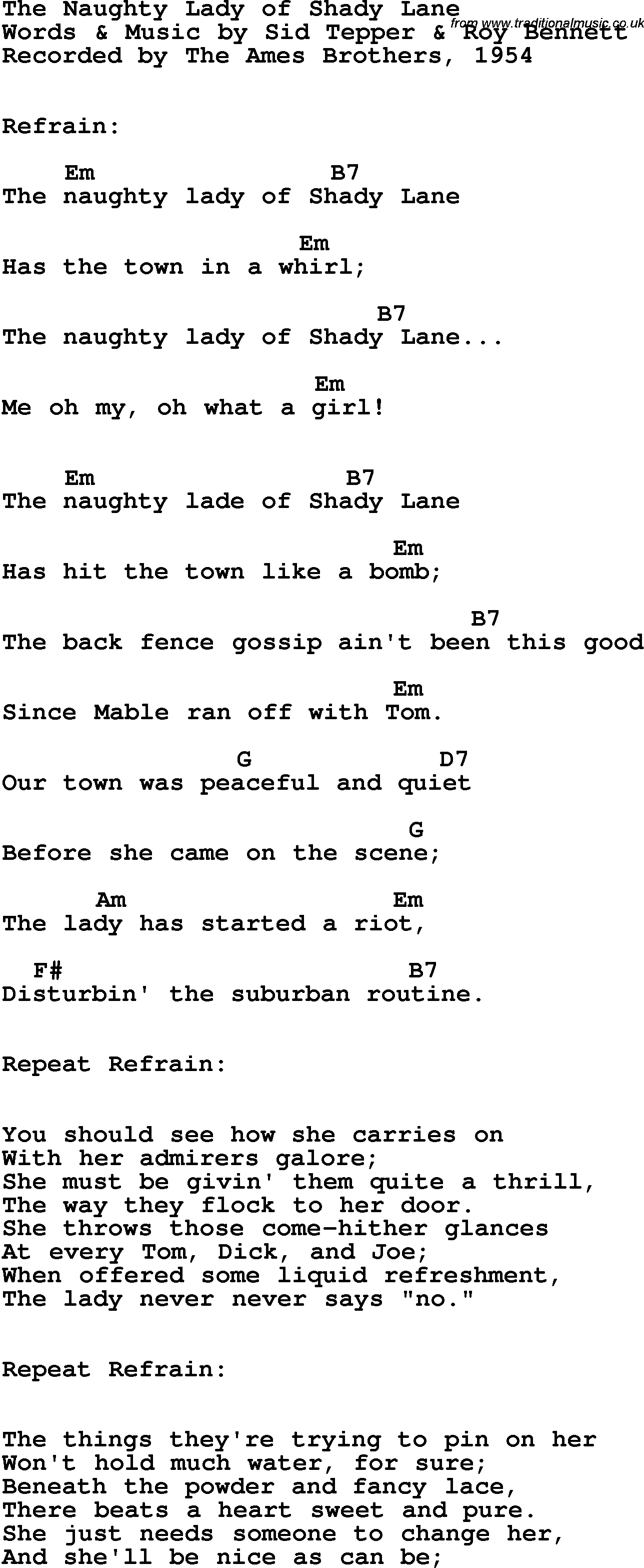 Song Lyrics with guitar chords for Naughty Lady Of Shady Lane, The - The Ames Brothers, 1954