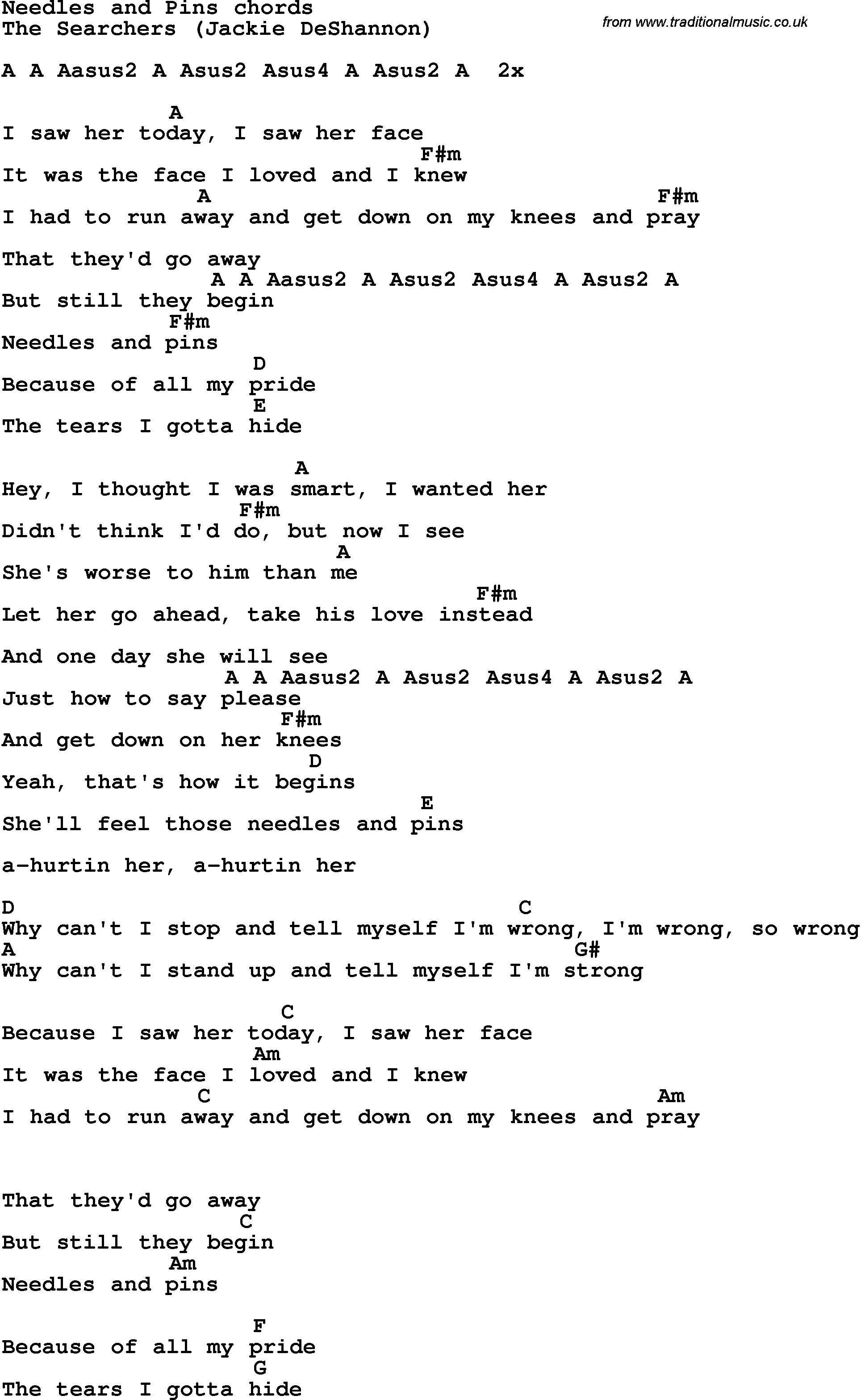 Song Lyrics with guitar chords for Needles And Pins