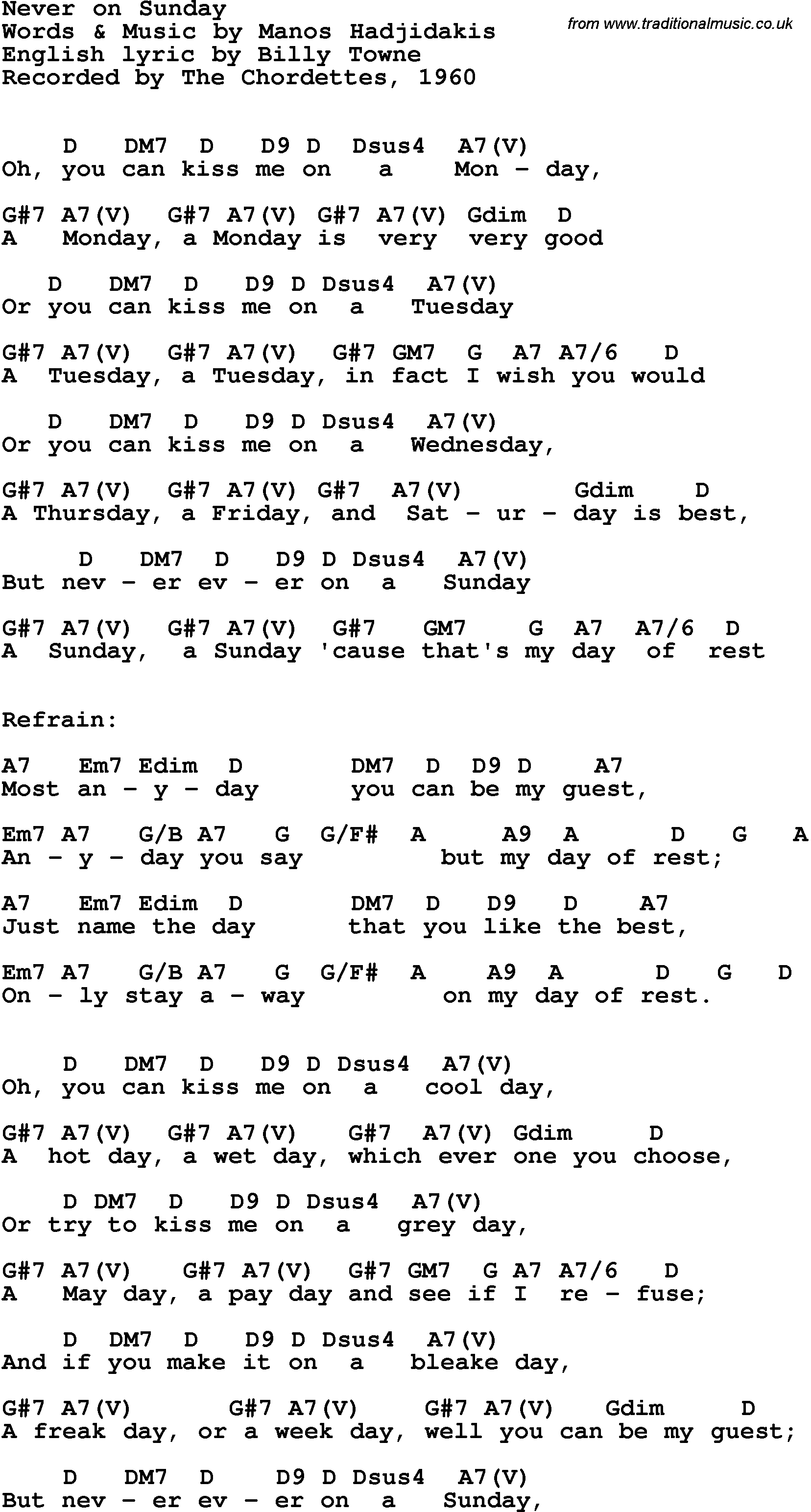 Song Lyrics with guitar chords for Never On Sunday - The Chordettes, 1960