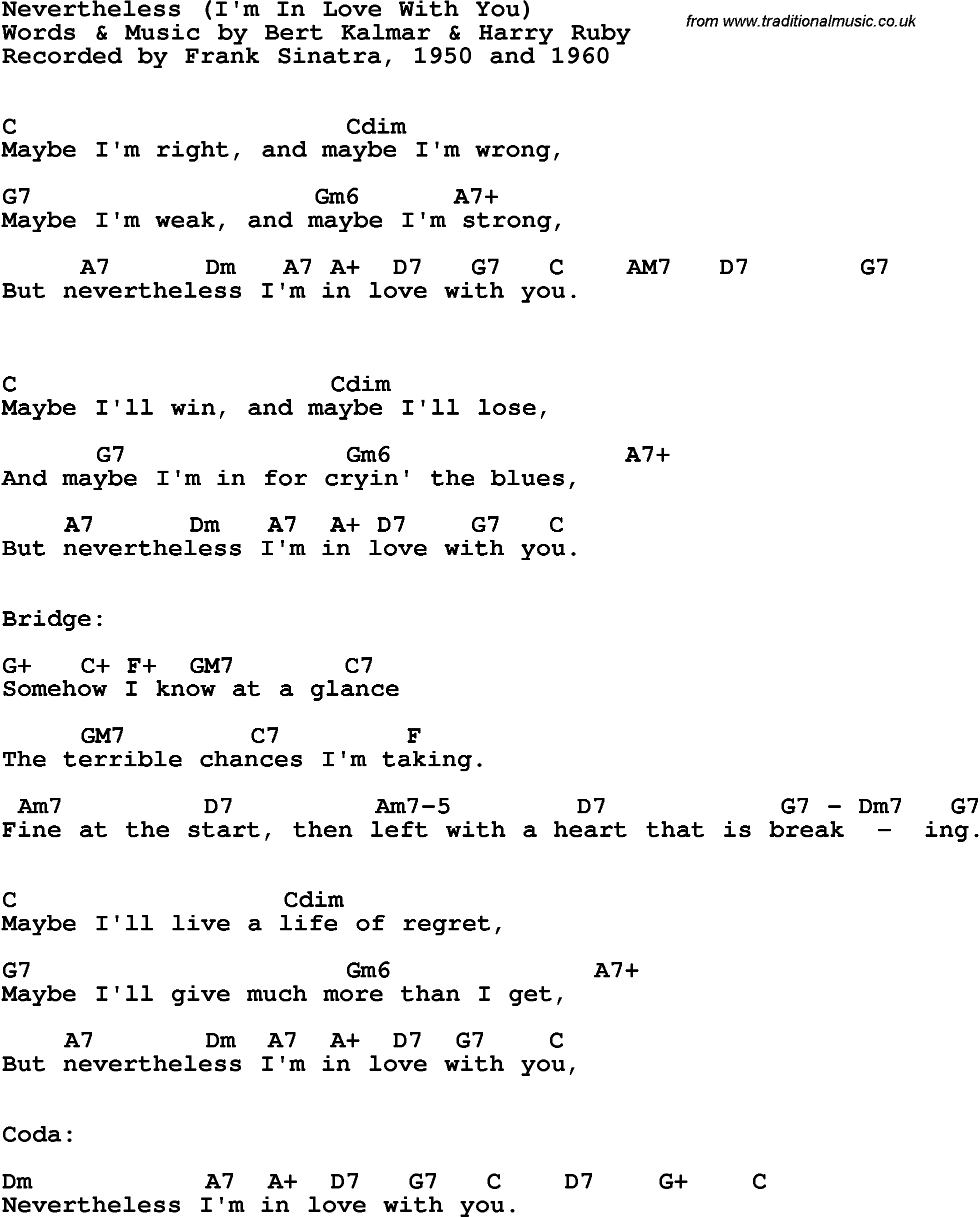 Song Lyrics with guitar chords for Nevertheless (I'm In Love With You) - Frank Sinatra, 1950