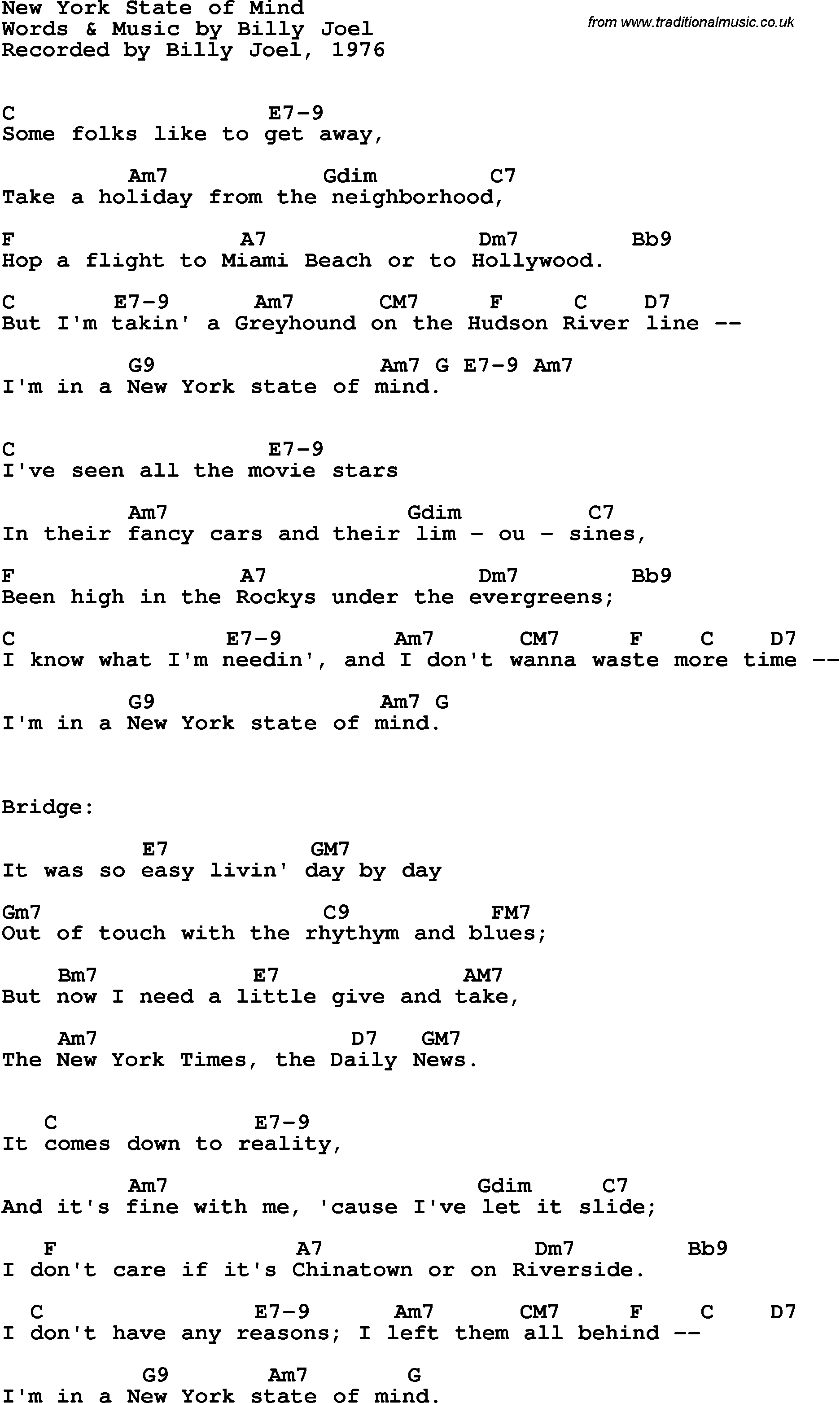 Song Lyrics with guitar chords for New York State Of Mind - Billy Joel, 1976