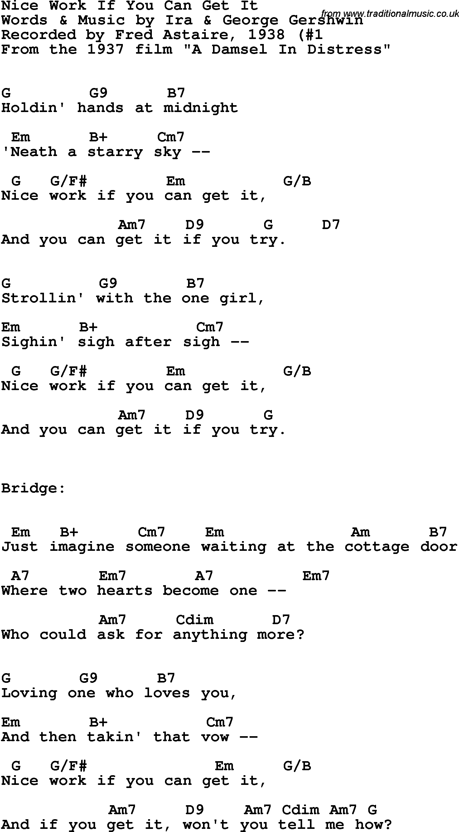 Song Lyrics with guitar chords for Nice Work If You Can Get It - Fred Astaire, 1938