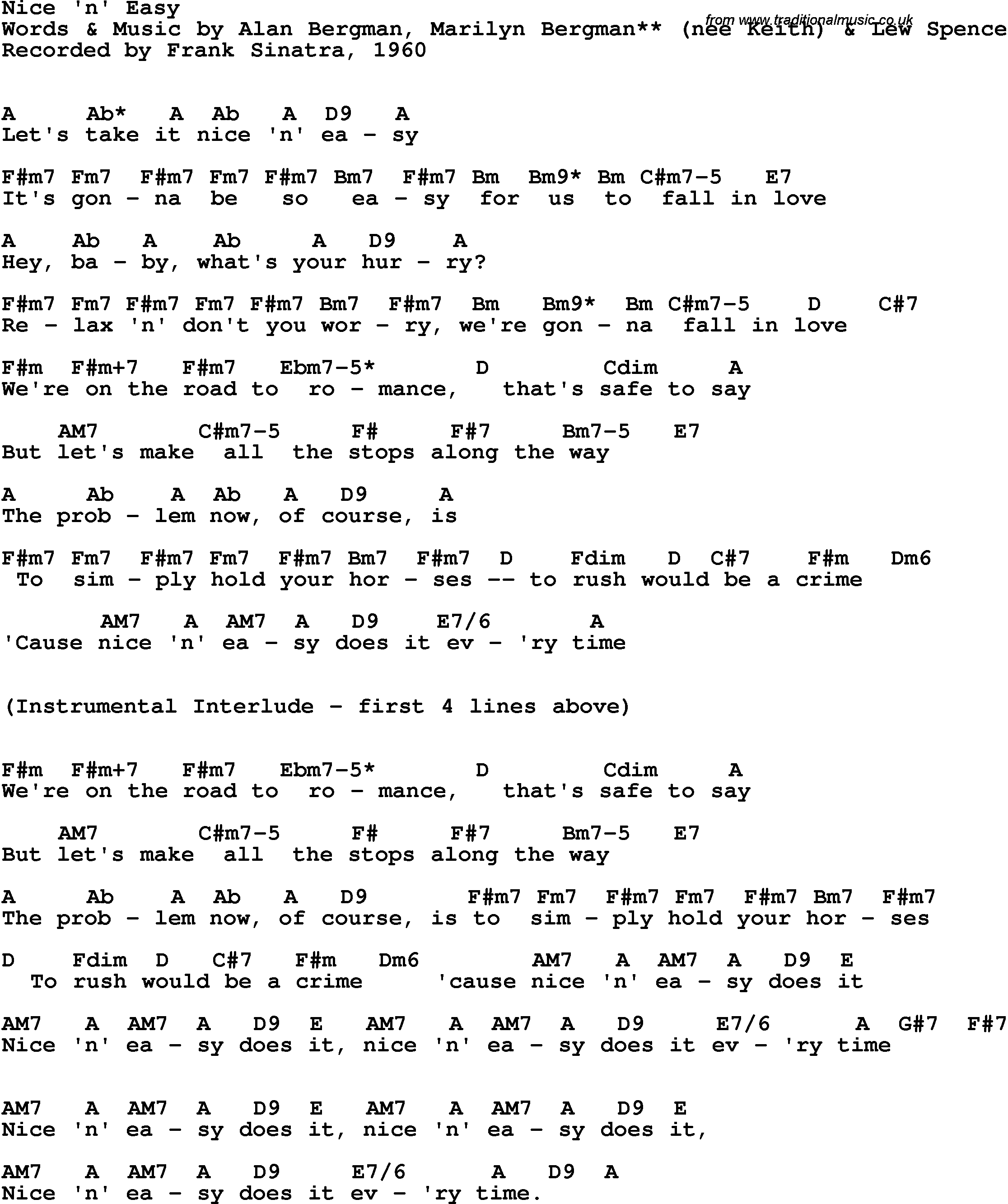 Song Lyrics with guitar chords for Nice 'n' Easy - Frank Sinatra, 1960