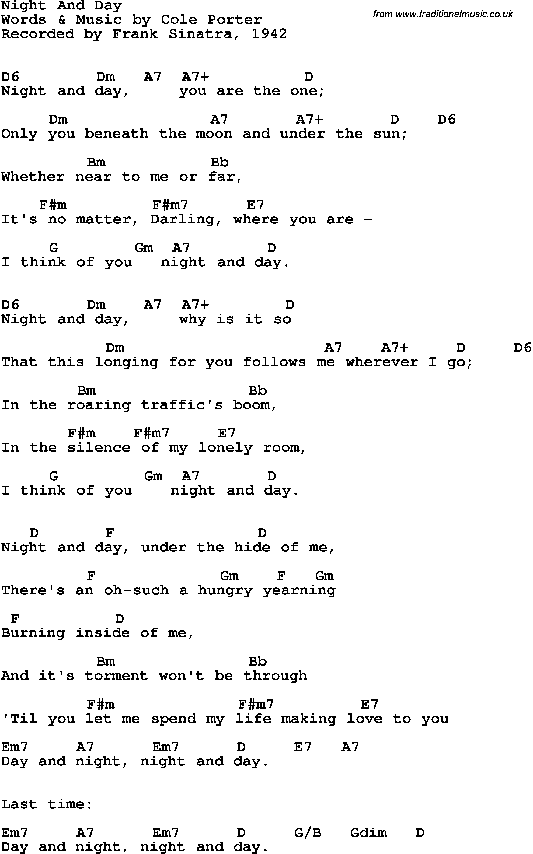 Song Lyrics with guitar chords for Night And Day - Ella Fitzgerald, 1953