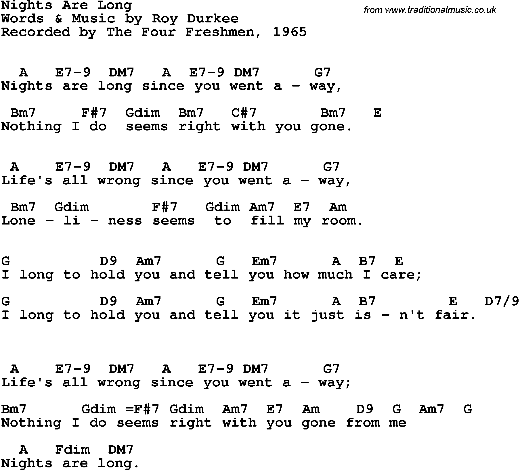 Song Lyrics with guitar chords for Nights Are Long - Four Freshmen, 1965