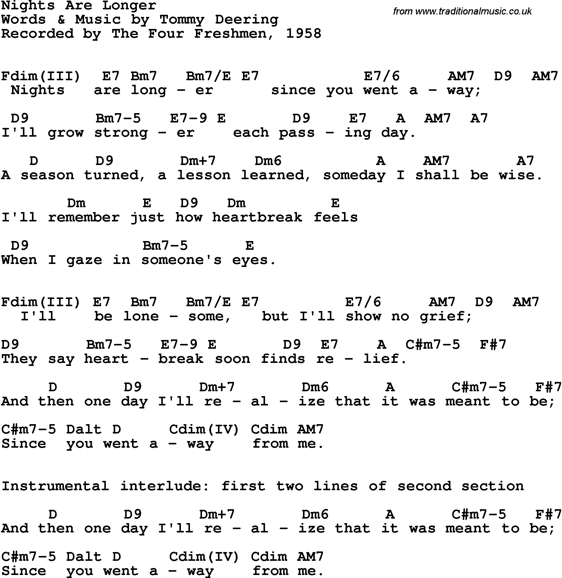 Song Lyrics with guitar chords for Nights Are Longer - Four Freshmen, 1958