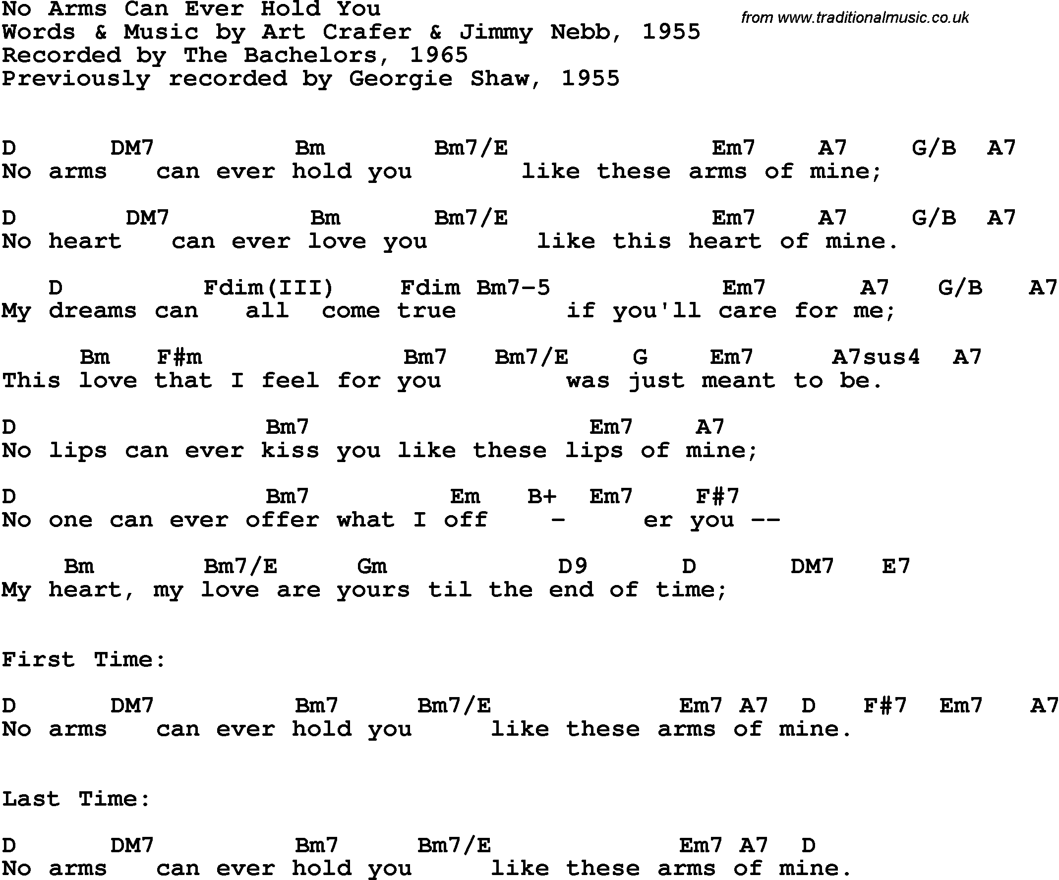 Song Lyrics with guitar chords for No Arms Can Ever Hold You - The Bachelors, 1965