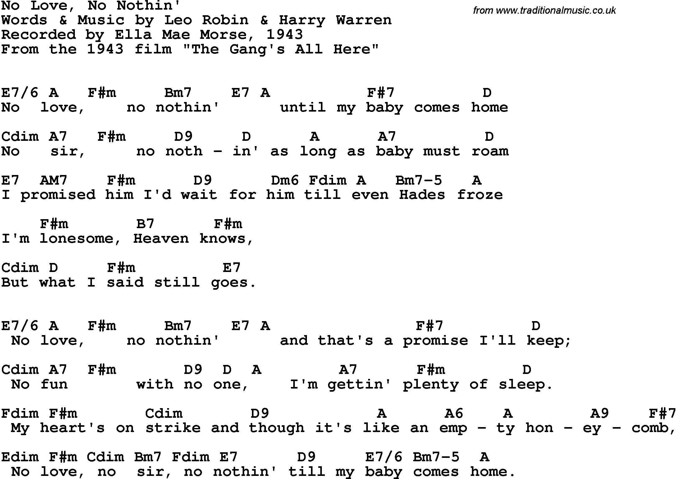 Song Lyrics with guitar chords for No Love, No Nothin' - Ella Mae Morse, 1943