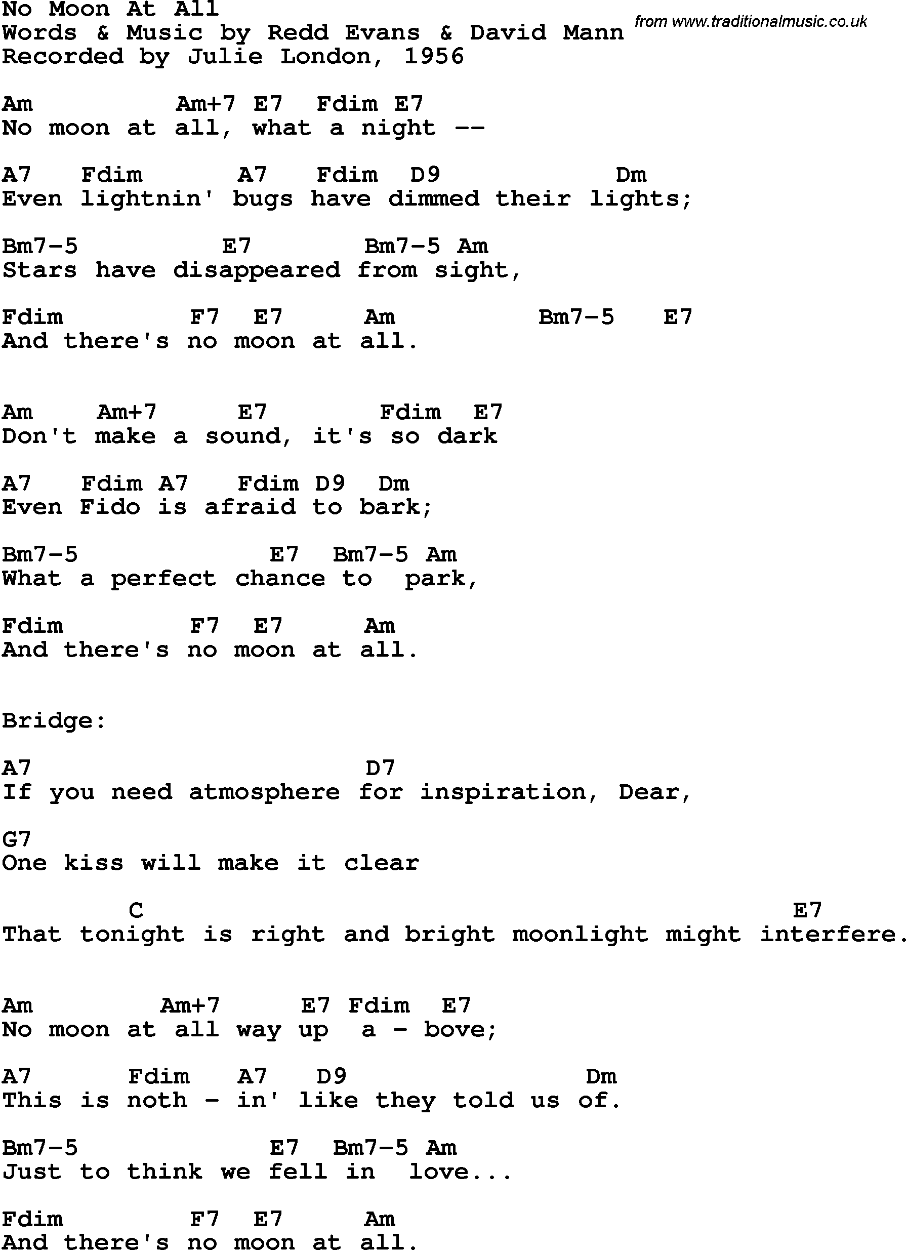 Song Lyrics with guitar chords for No Moon At All - Julie London, 1956