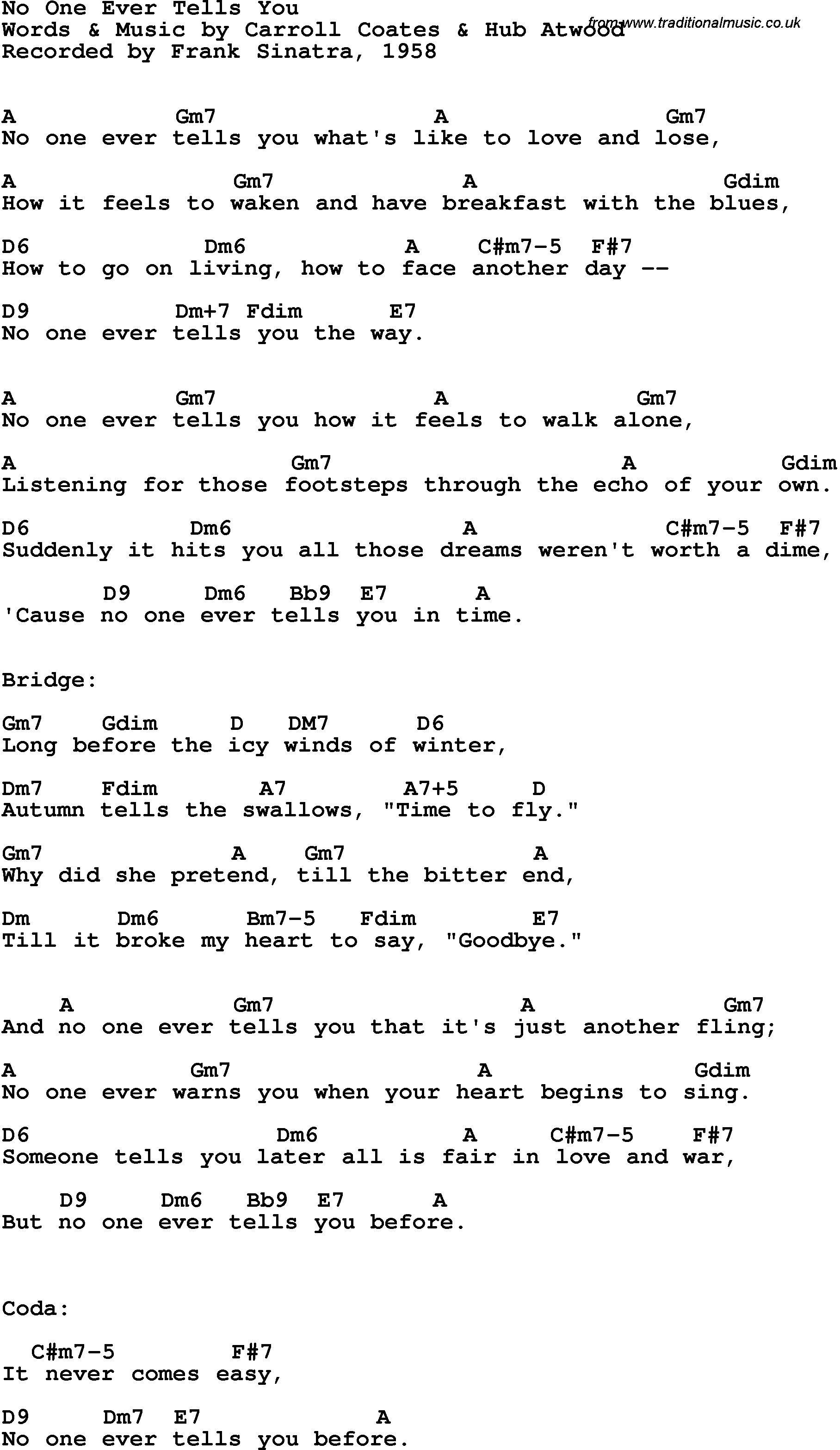 Song Lyrics with guitar chords for No One Ever Tells You - Frank Sinatra, 1958