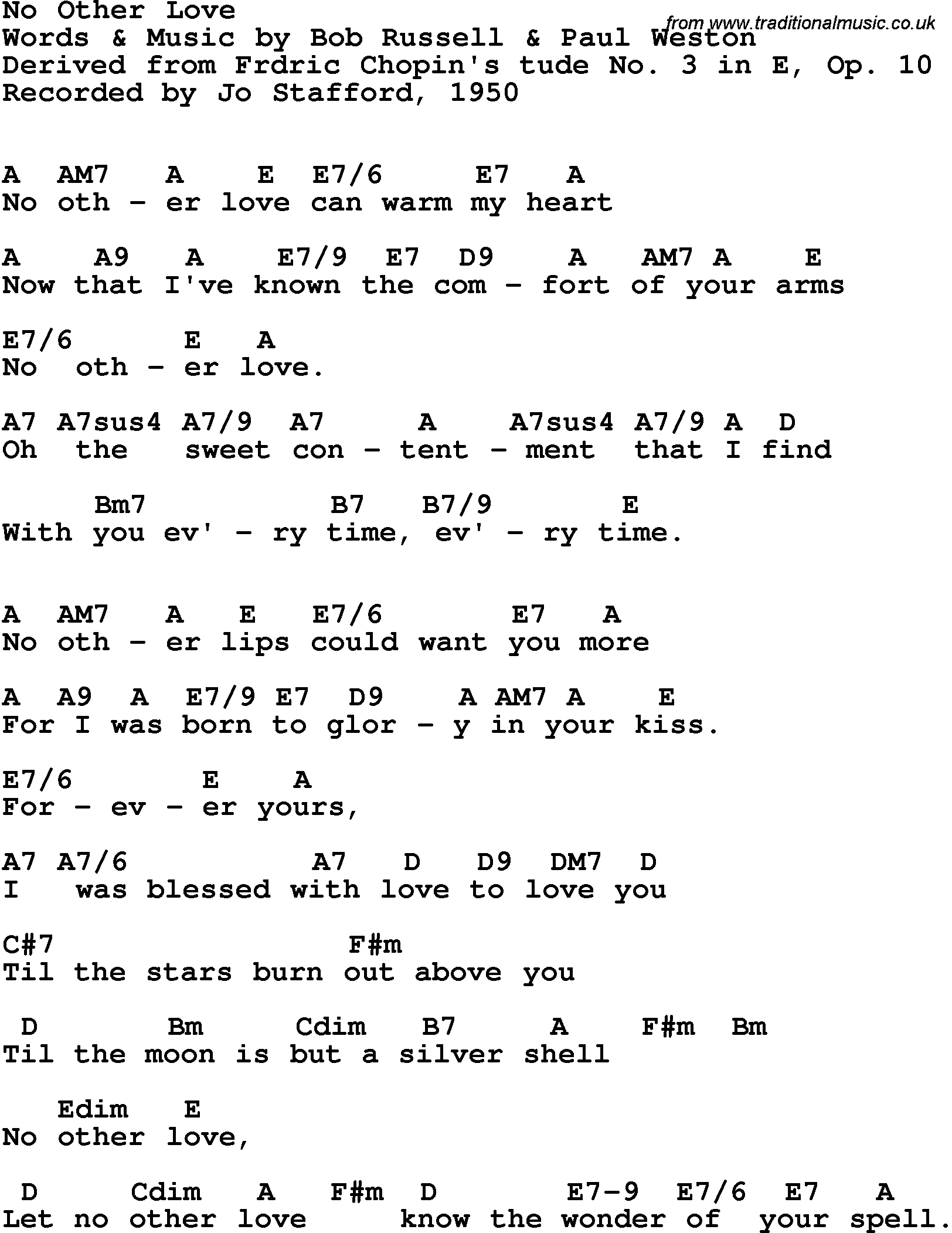 Song Lyrics with guitar chords for No Other Love - Jo Stafford, 1950