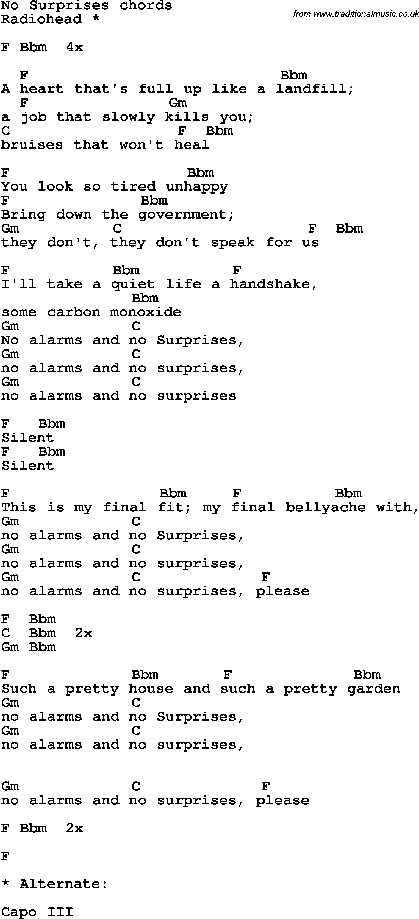Song Lyrics with guitar chords for No Surprises
