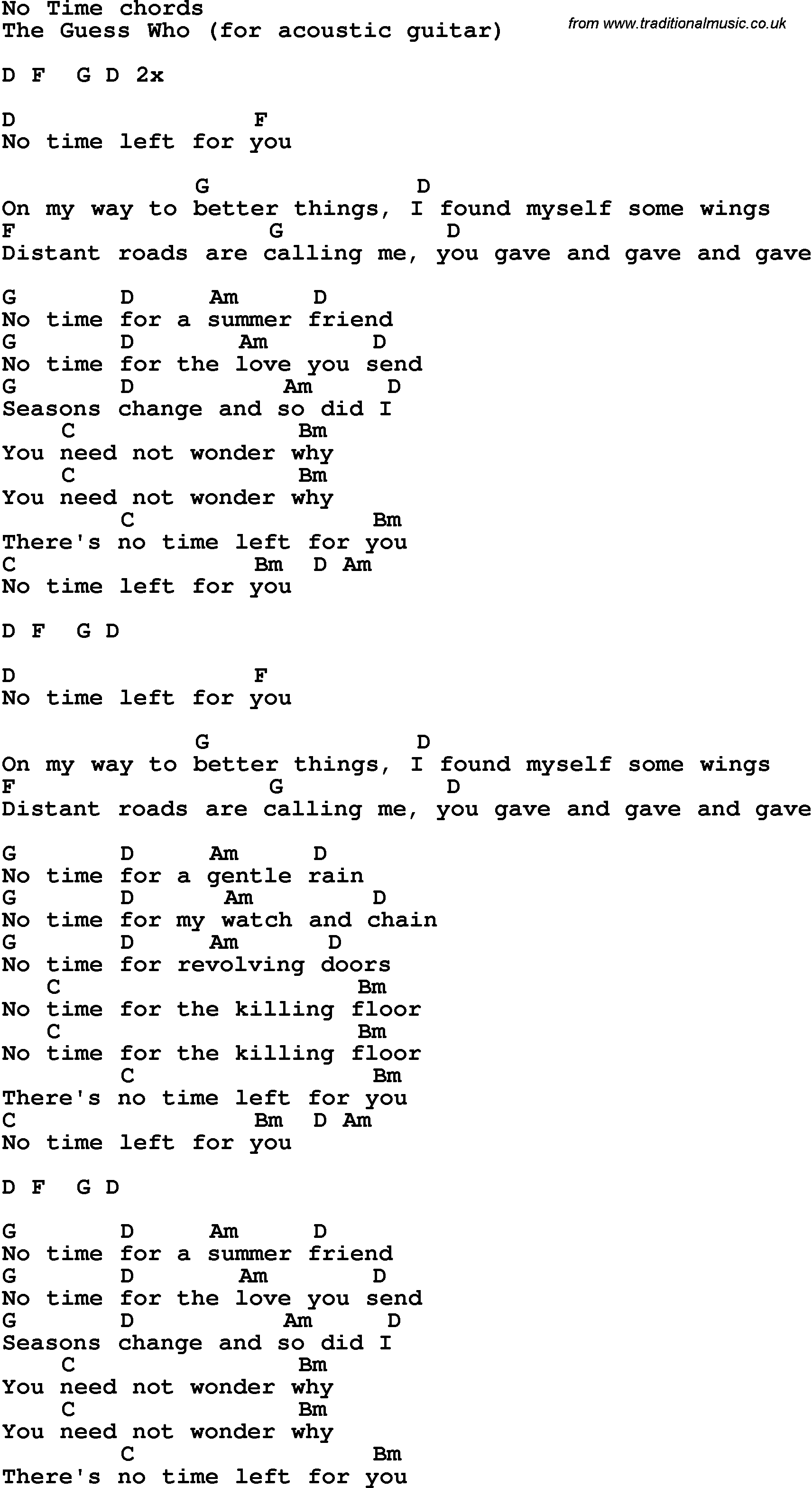 Song Lyrics with guitar chords for No Time