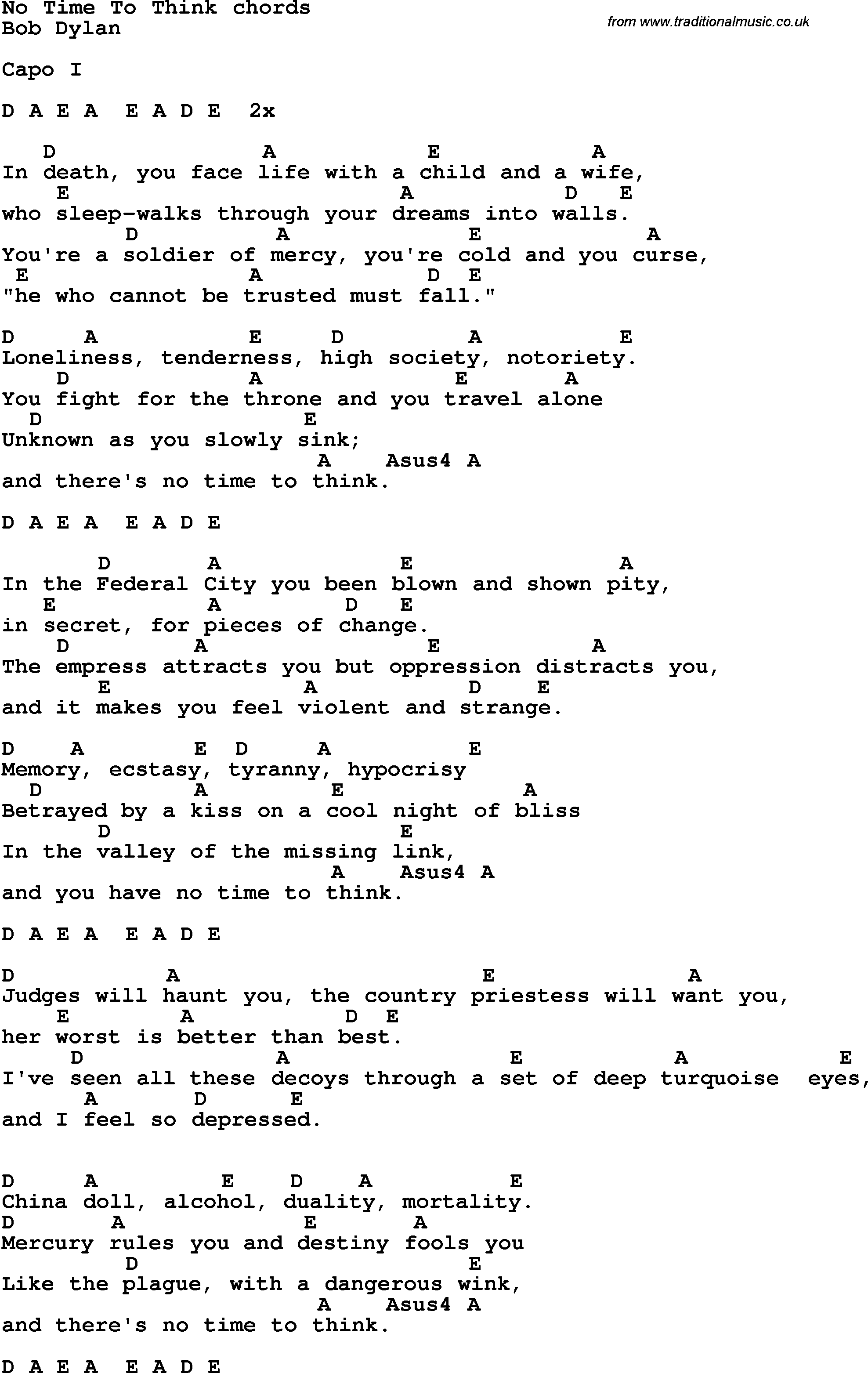 Song Lyrics with guitar chords for No Time To Think