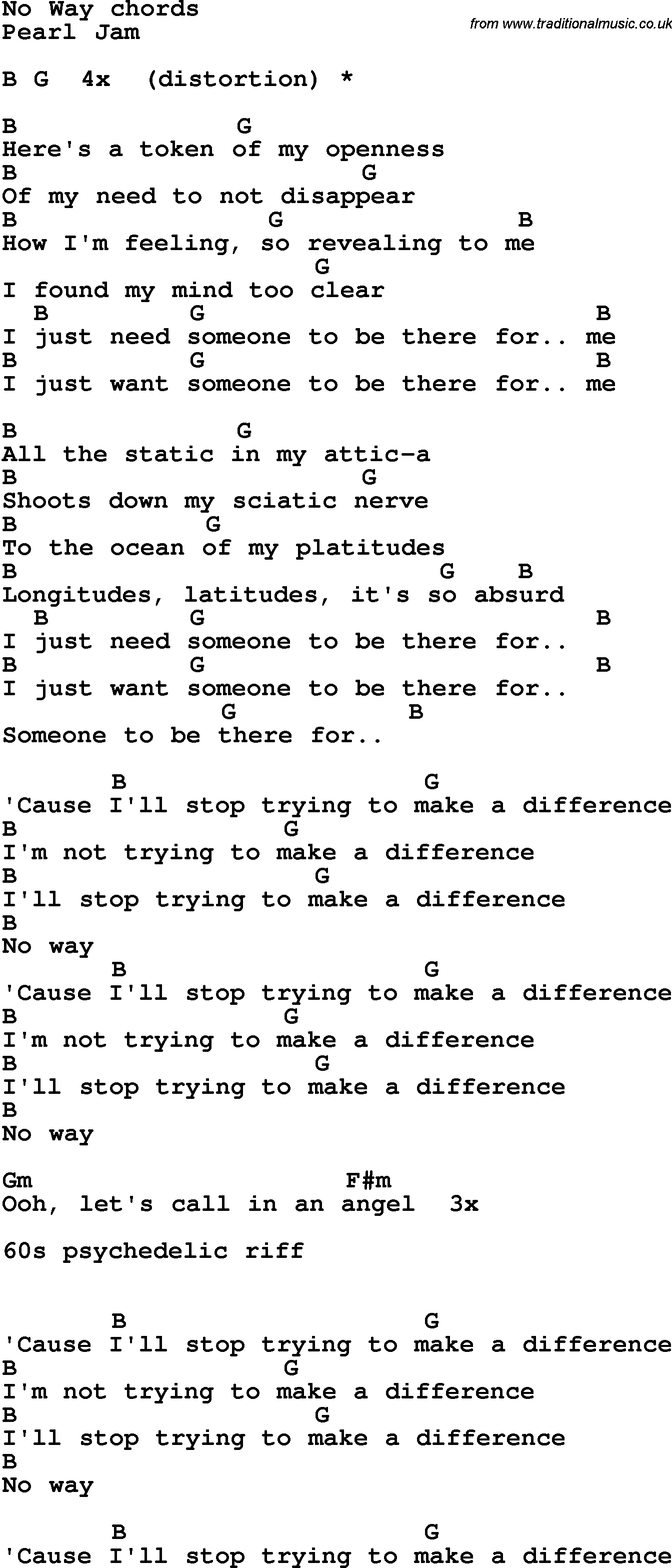 Song Lyrics with guitar chords for No Way