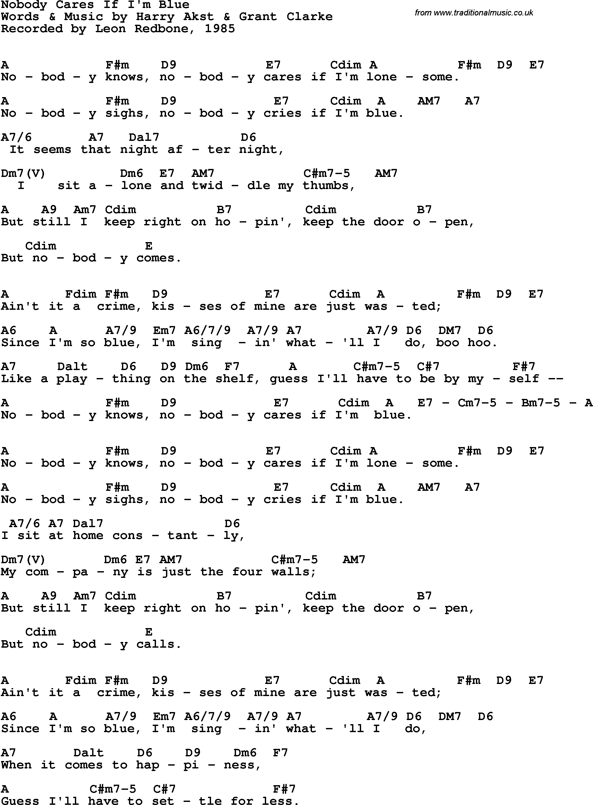 Song Lyrics with guitar chords for Nobody Cares If I'm Blue - Leon Redbone, 1985