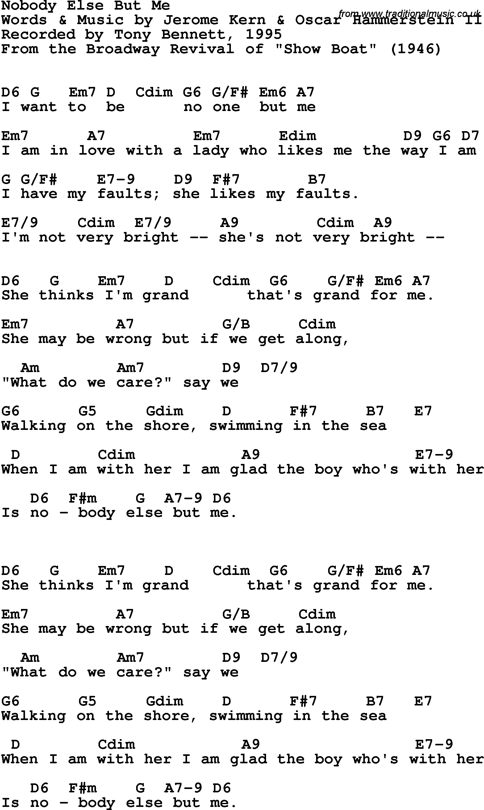 Song Lyrics with guitar chords for Nobody Else But Me - Tony Bennett, 1995