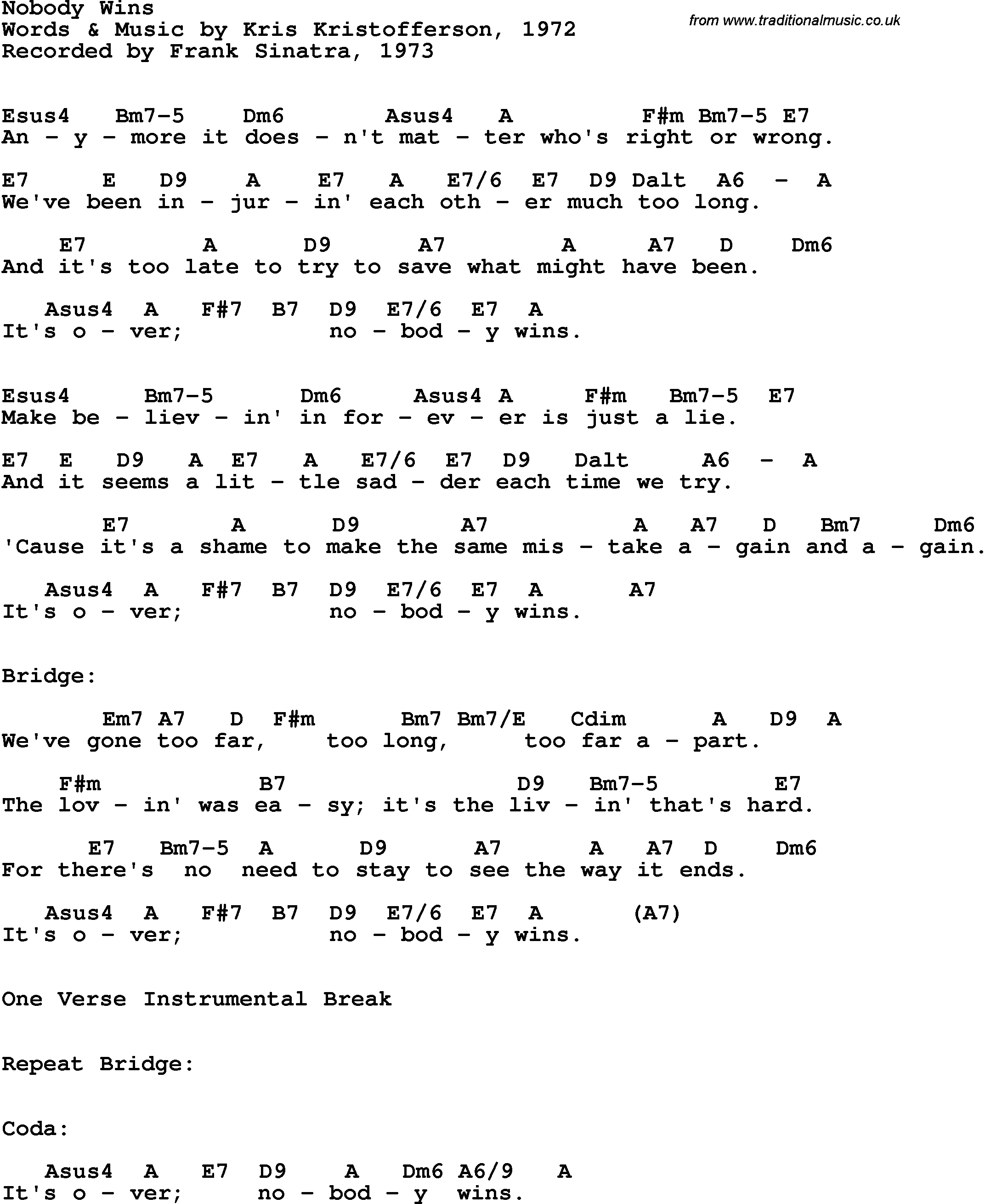 Song Lyrics with guitar chords for Nobody Wins - Frank Sinatra, 1973