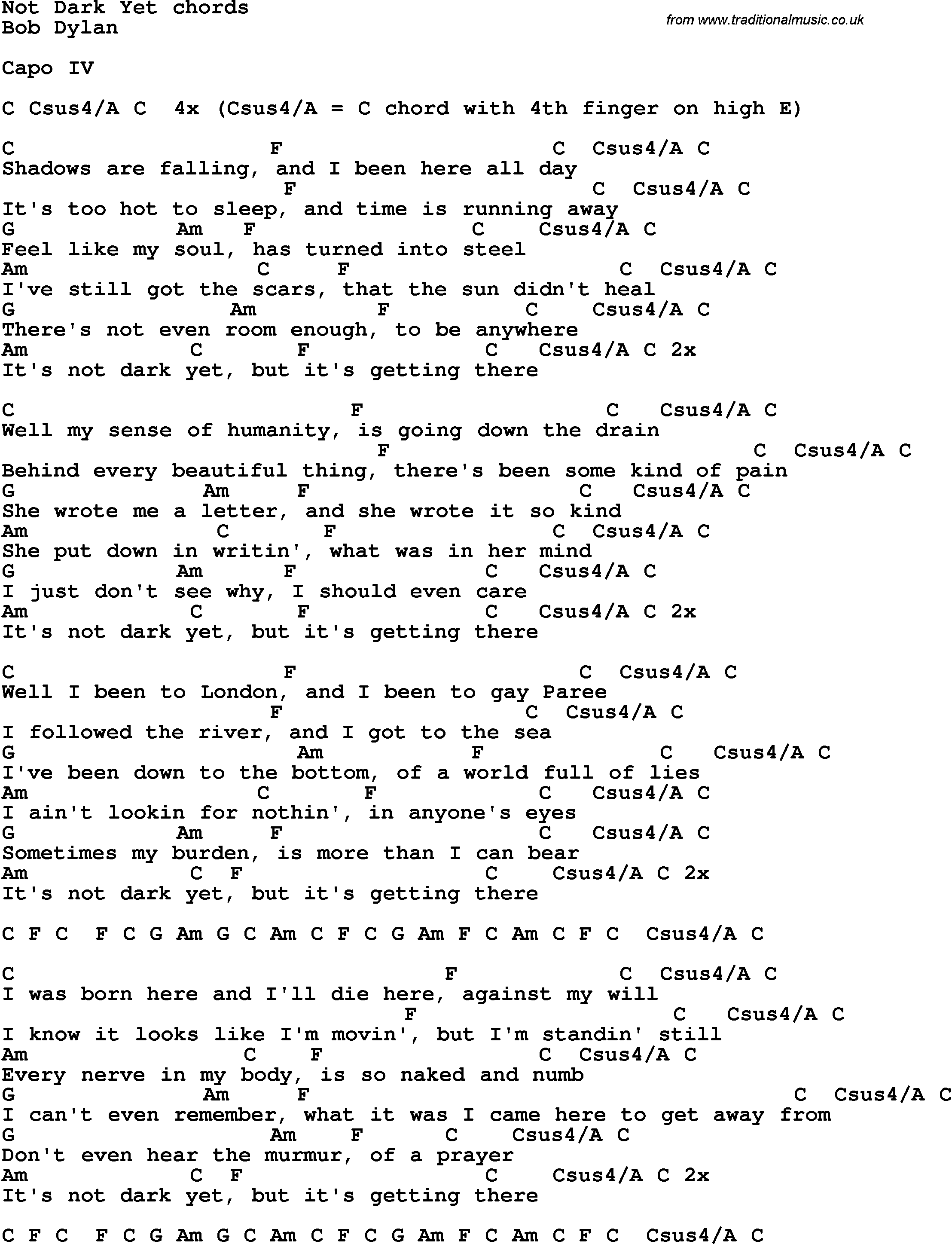 Song Lyrics with guitar chords for Not Dark Yet