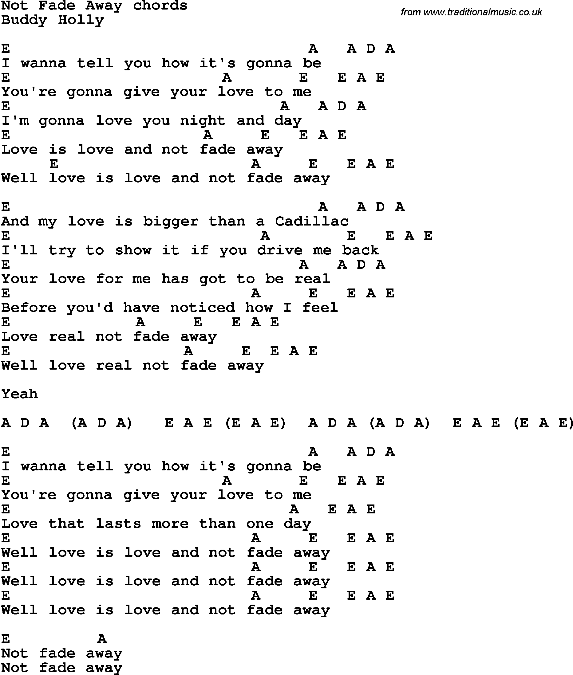 Song Lyrics with guitar chords for Not Fade Away - Buddy Holly