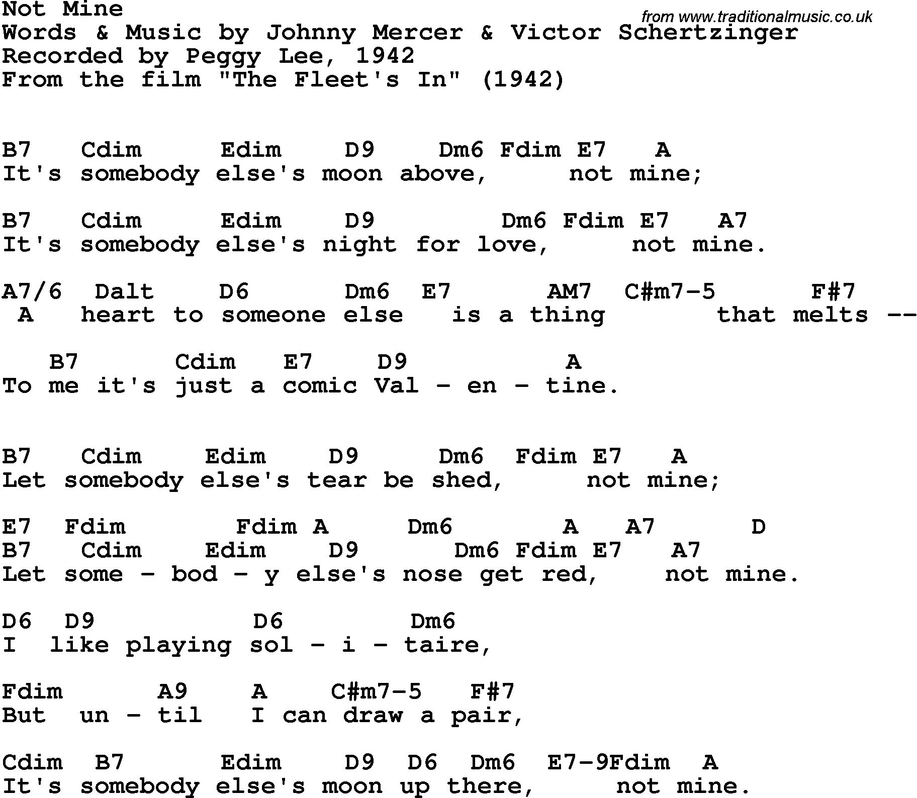 Song Lyrics with guitar chords for Not Mine - Peggy Lee, 1942