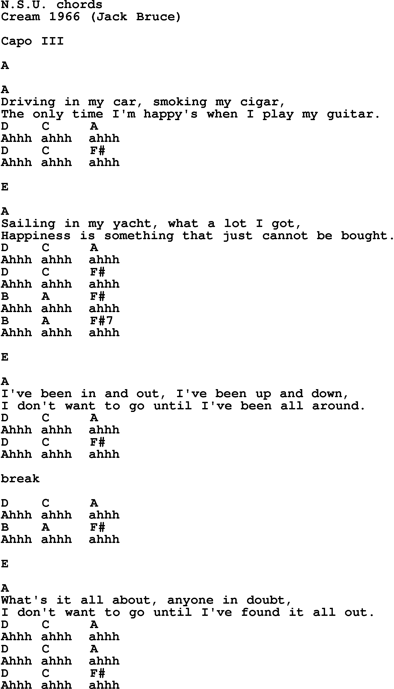Song Lyrics with guitar chords for Nsu - Cream