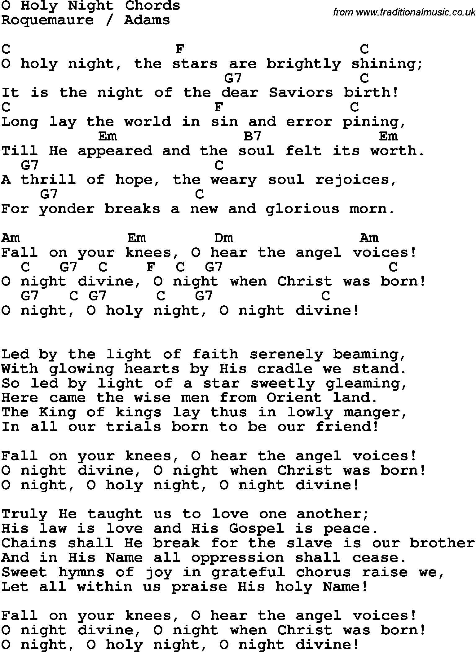 Song lyrics with guitar chords for O Holy Night 3