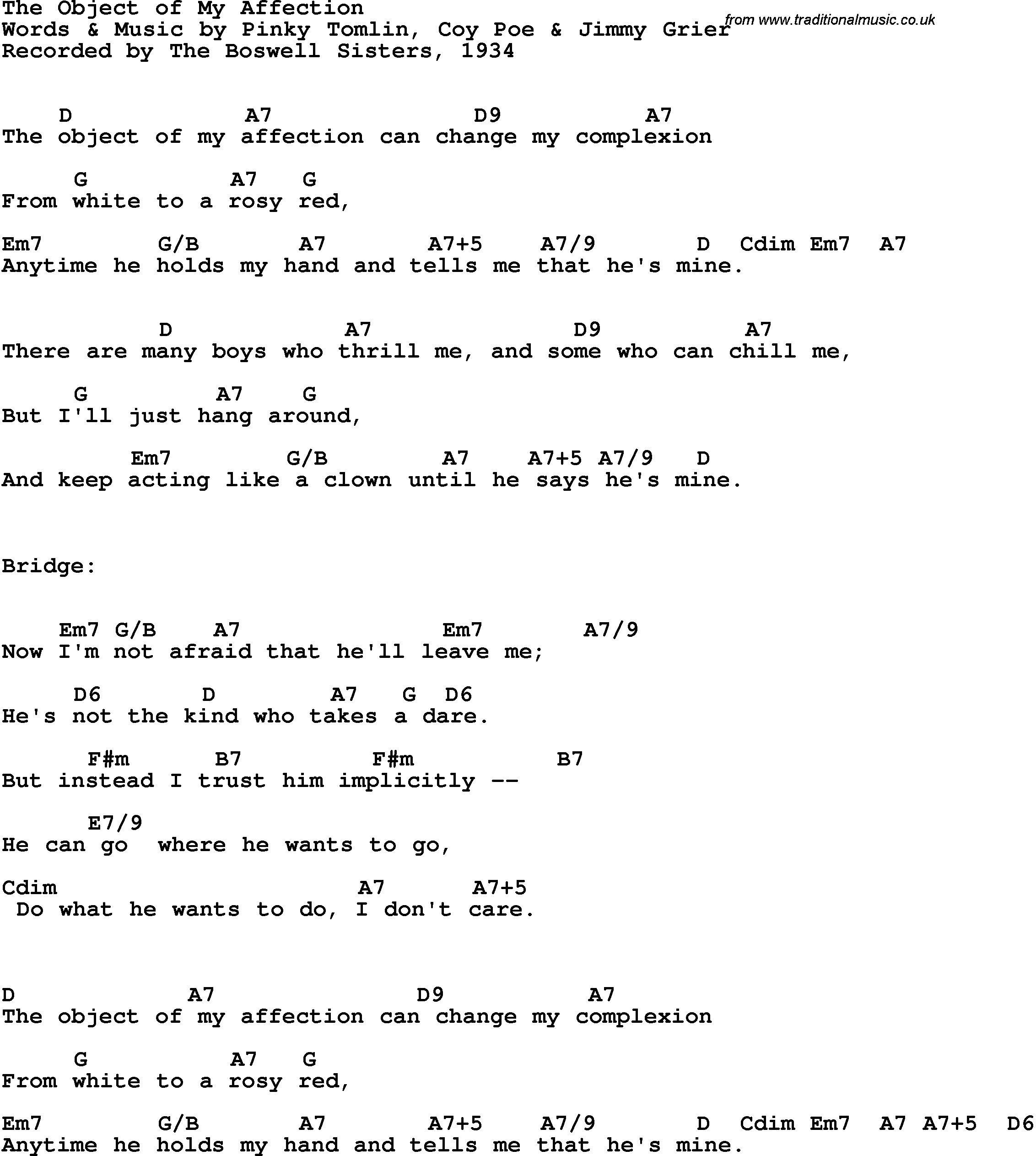 Song Lyrics with guitar chords for Object Of My Affection, The - The Boswell Sisters, 1934
