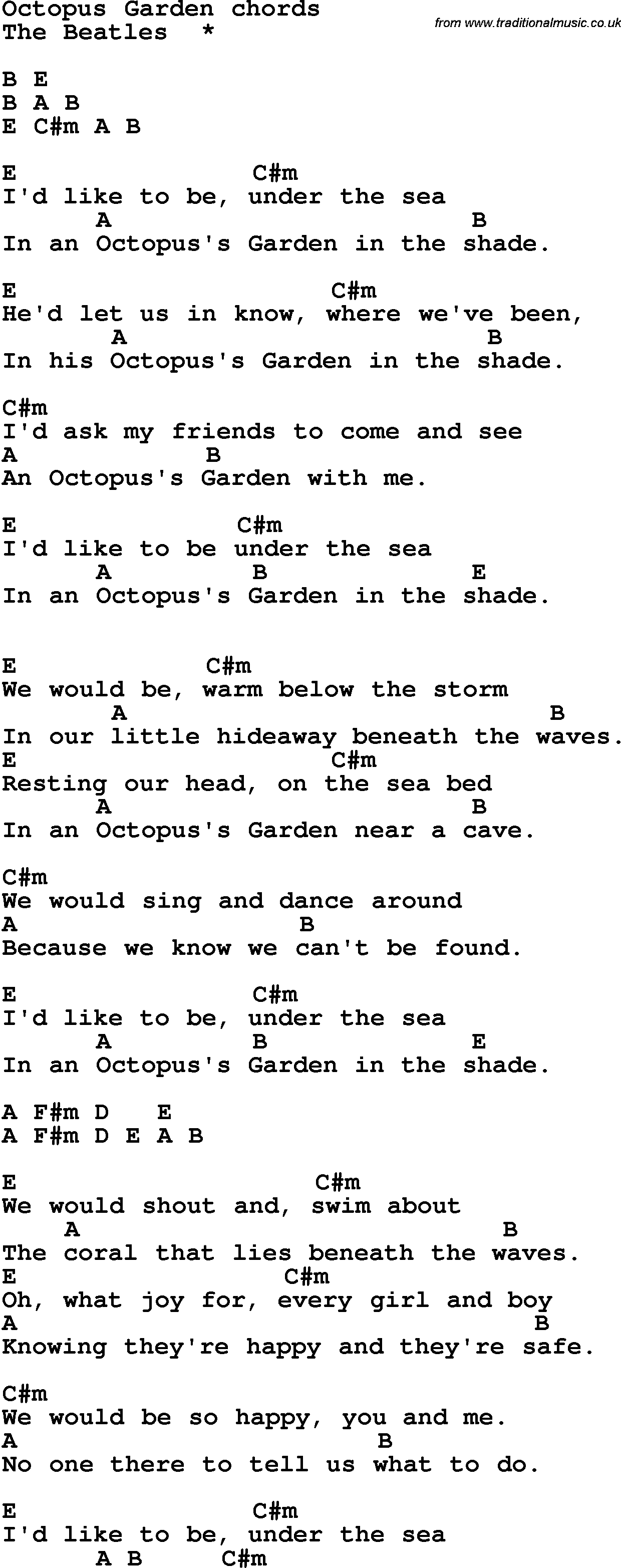 Song Lyrics with guitar chords for Octopus Garden - The Beatles
