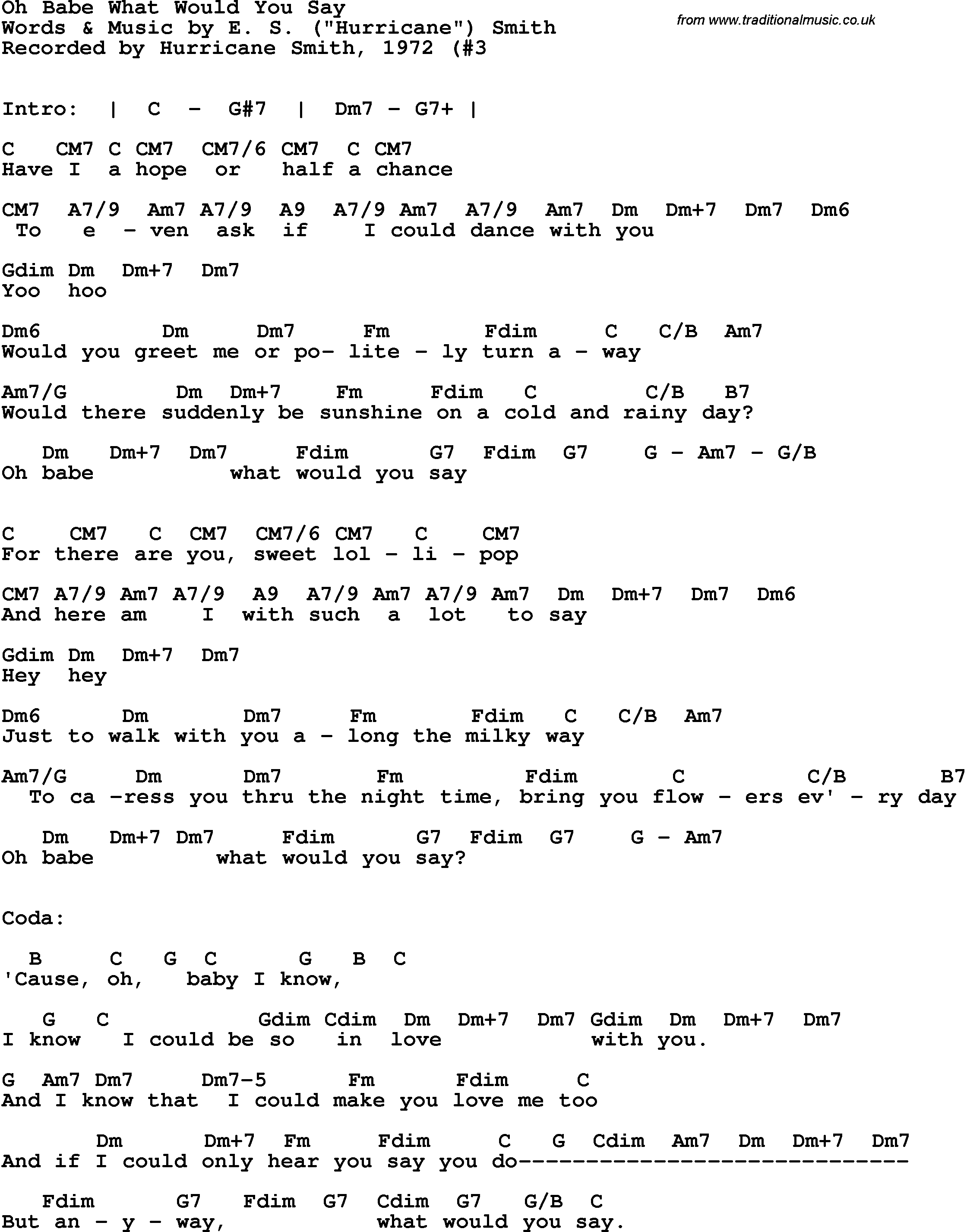 Song Lyrics with guitar chords for Oh Babe What Would You Say - Hurricane Smith, 1973