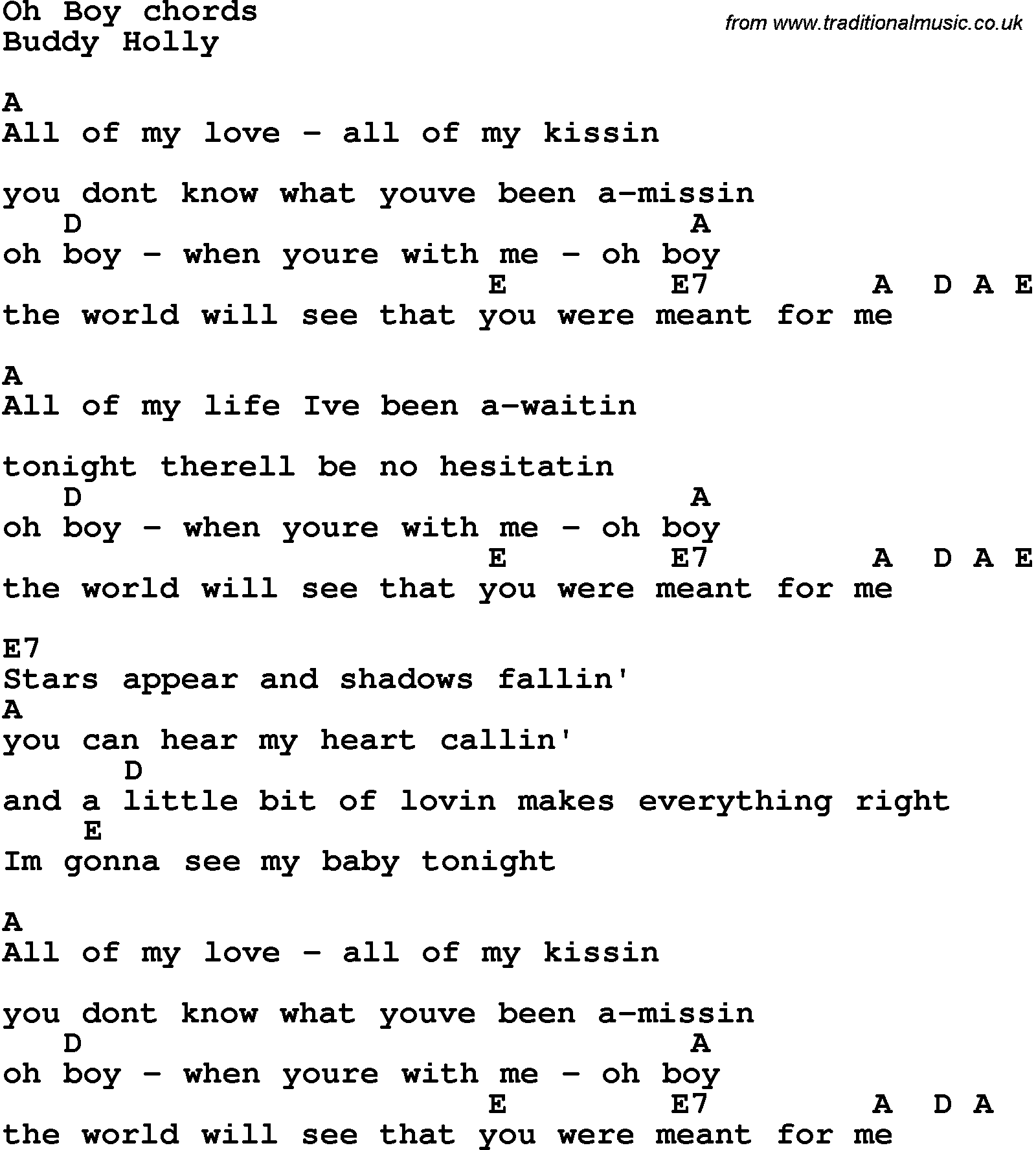 Song Lyrics with guitar chords for Oh Boy