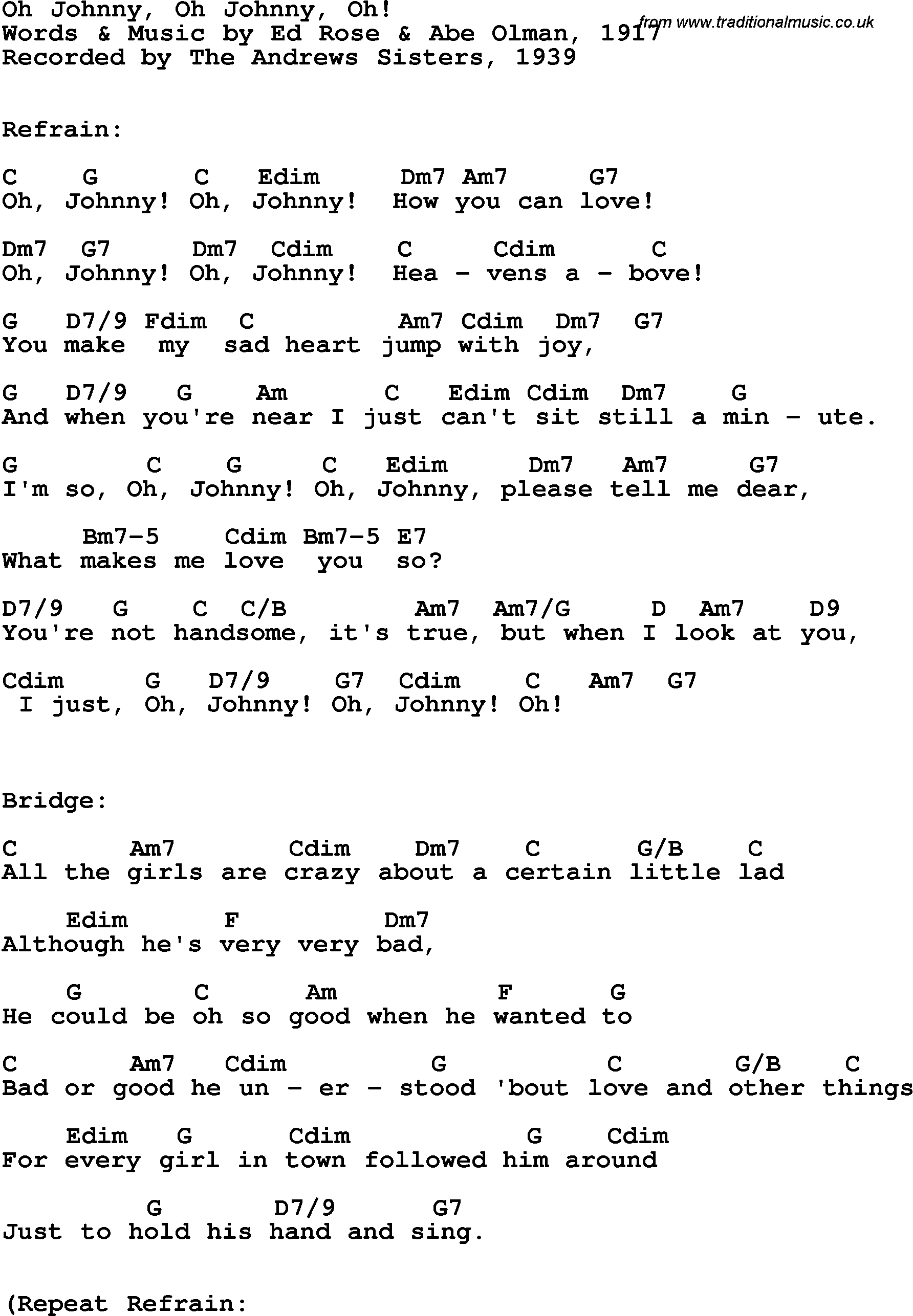 Song Lyrics with guitar chords for Oh Johnny, Oh Johnny, Oh! - The Andrews Sisters, 1939