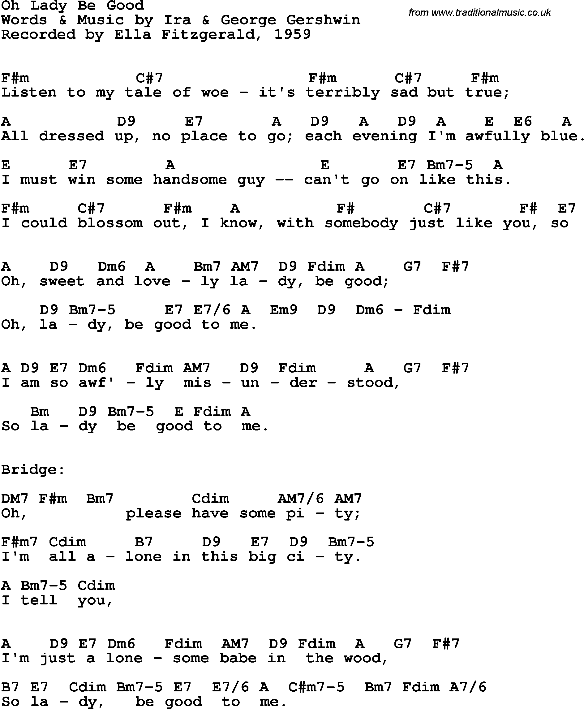Song Lyrics with guitar chords for Oh Lady Be Good - Ella Fitzgerald, 1959