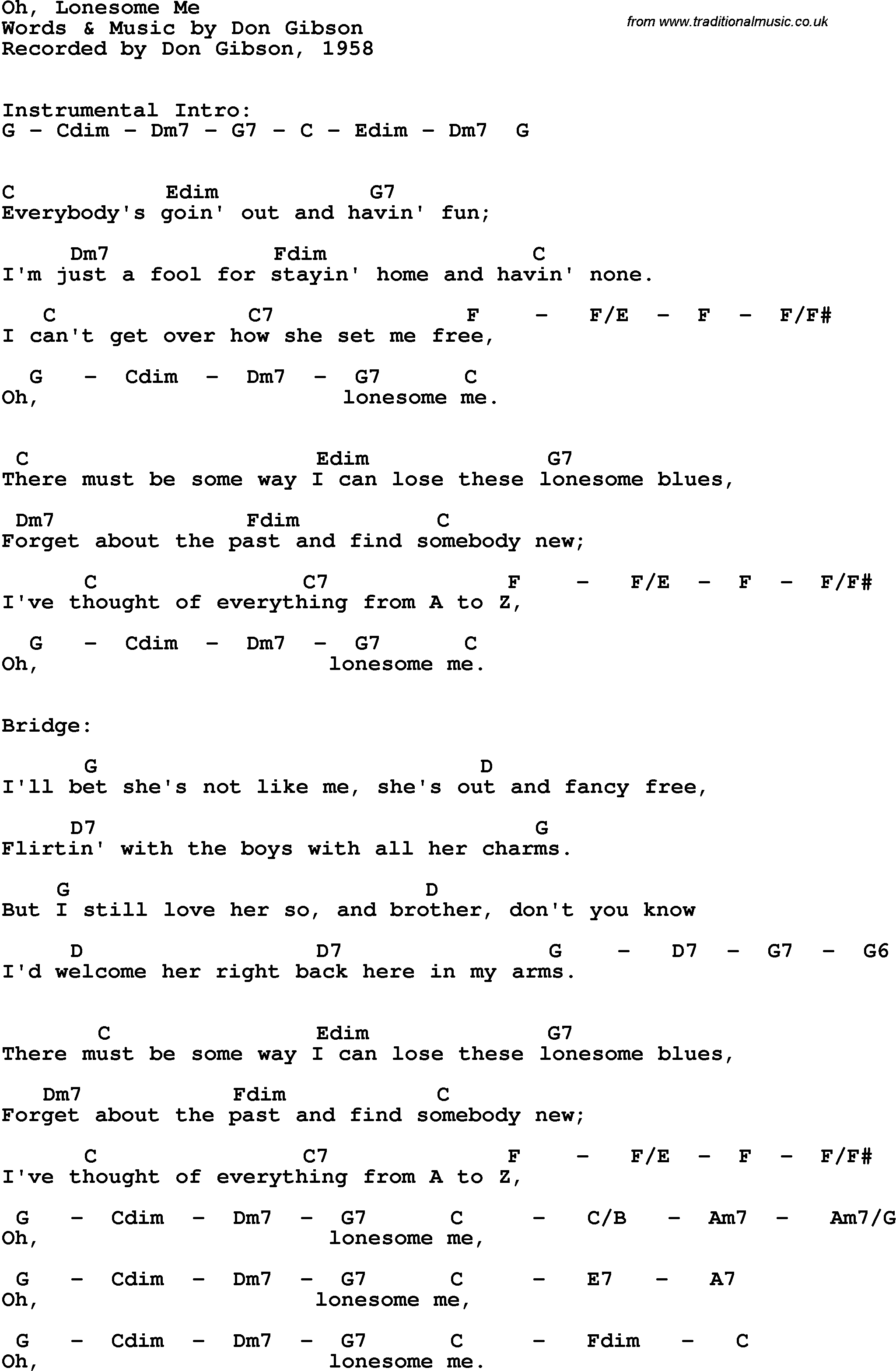 Song Lyrics with guitar chords for Oh, Lonesome Me - Don Gibson, 1958