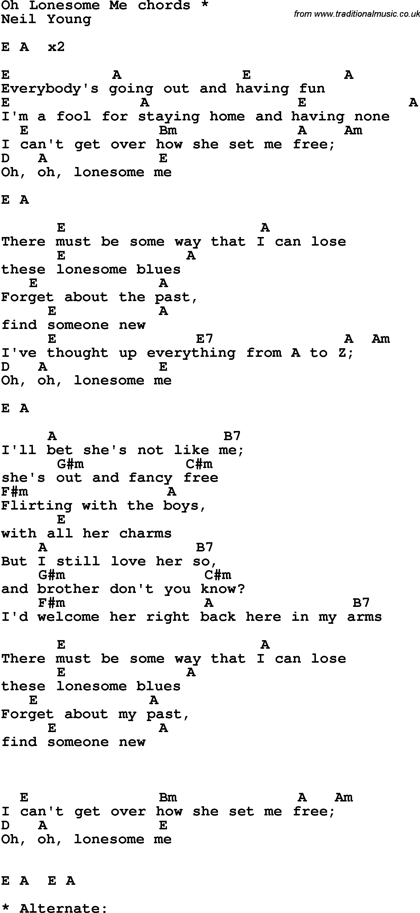 Song Lyrics with guitar chords for Oh Lonesome Me