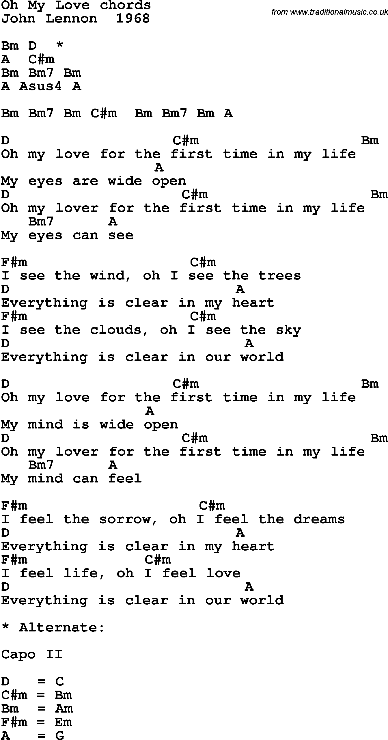 Song Lyrics with guitar chords for Oh My Love