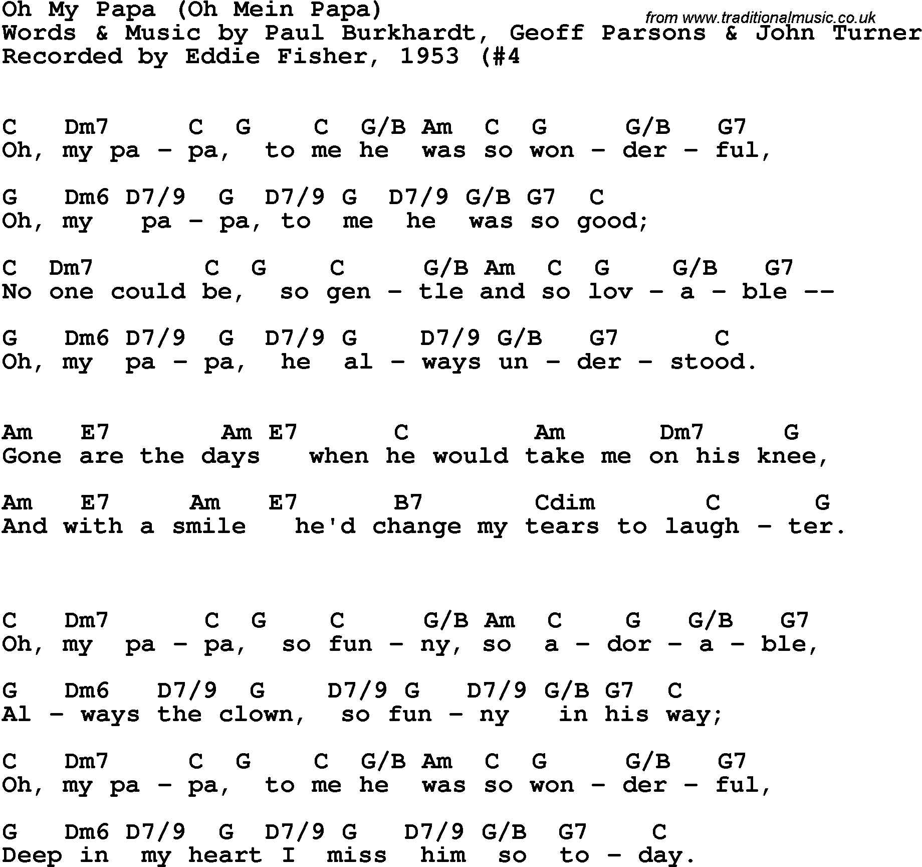Song Lyrics with guitar chords for Oh My Papa - Eddie Fisher, 1953