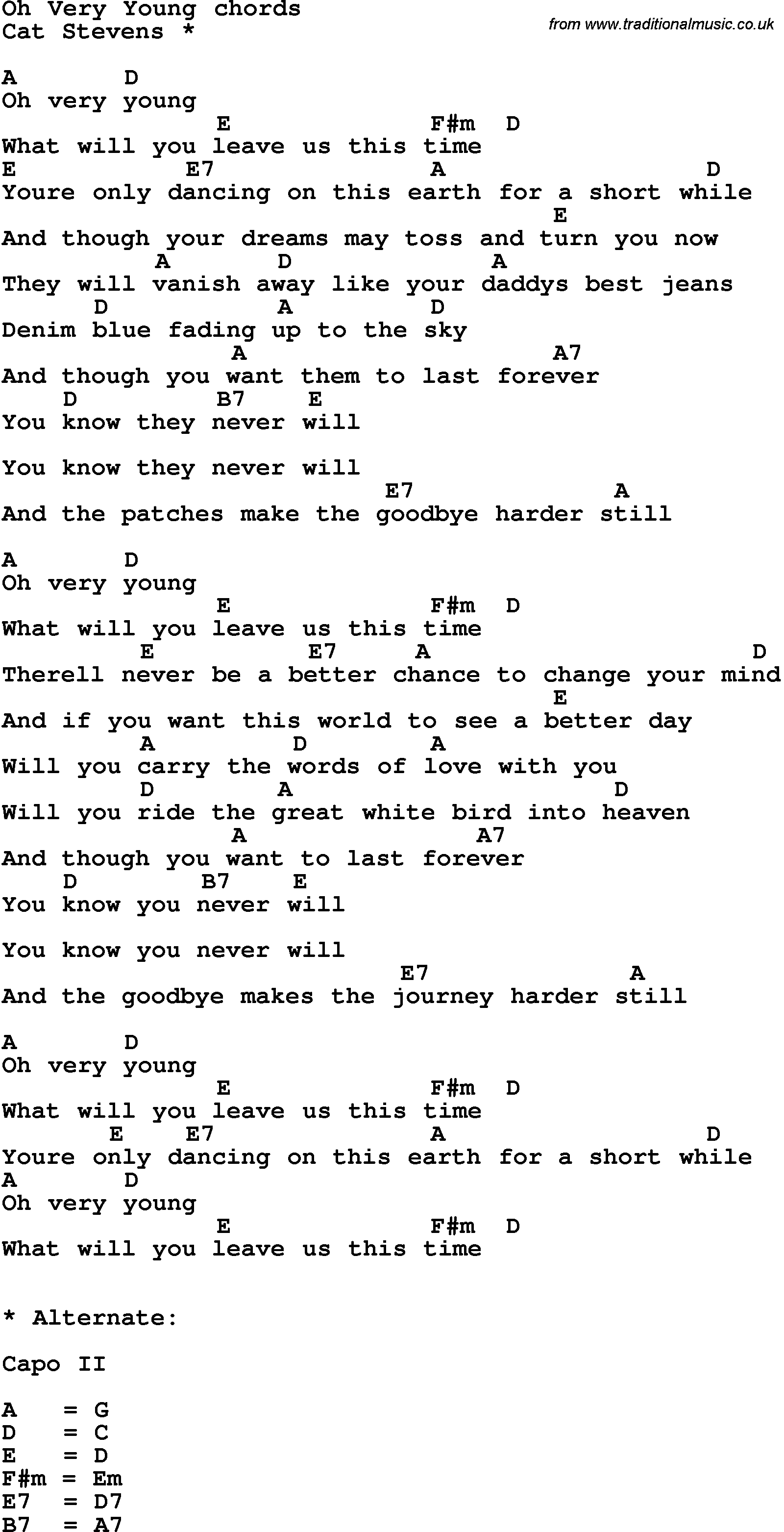 Song Lyrics with guitar chords for Oh Very Young
