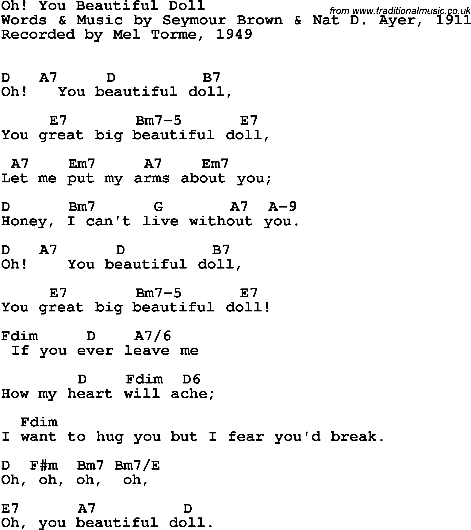 Song Lyrics with guitar chords for Oh! You Beautiful Doll - Mel Torme, 1949