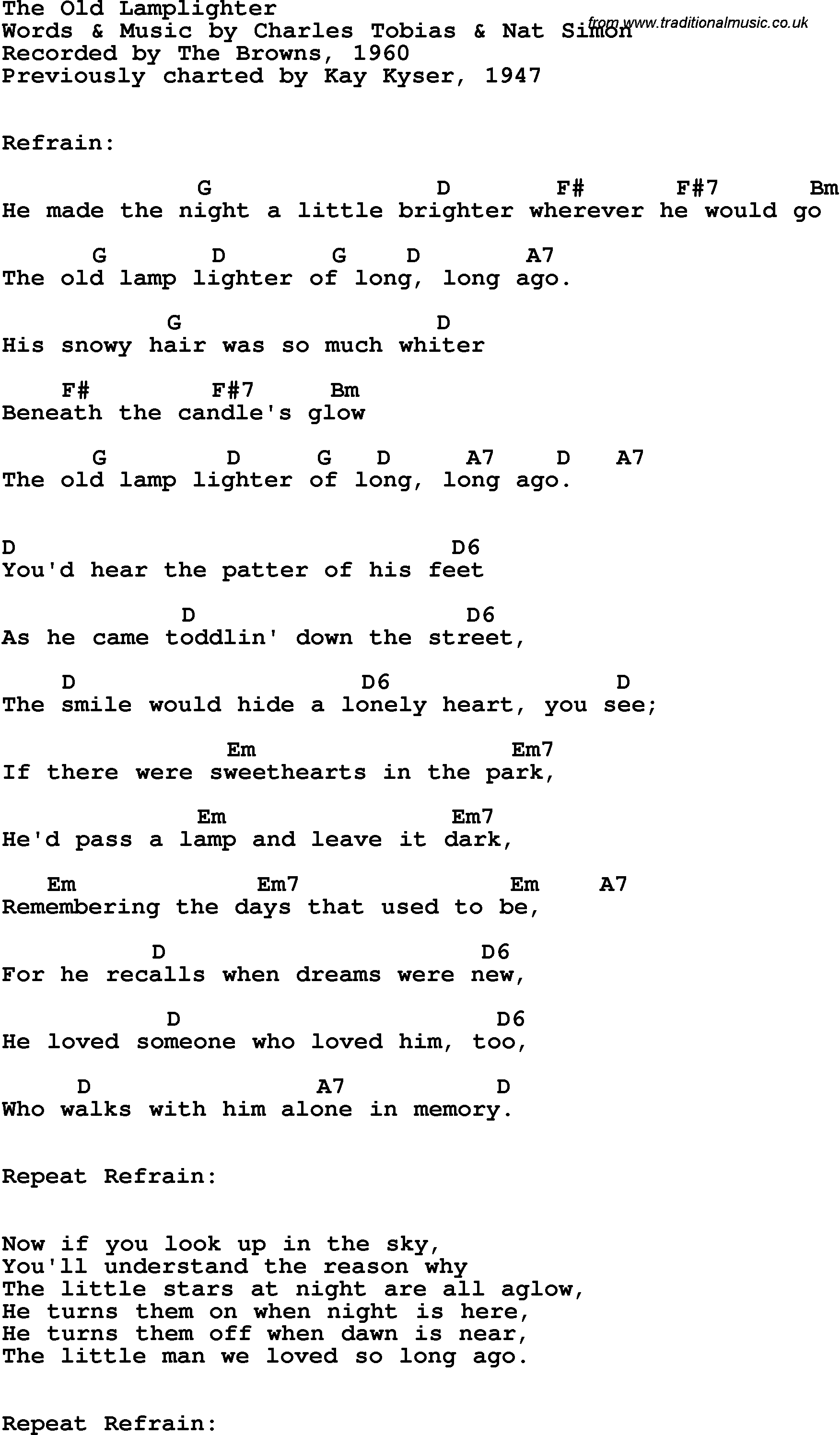 Song Lyrics with guitar chords for Old Lamplighter, The - The Browns, 1960