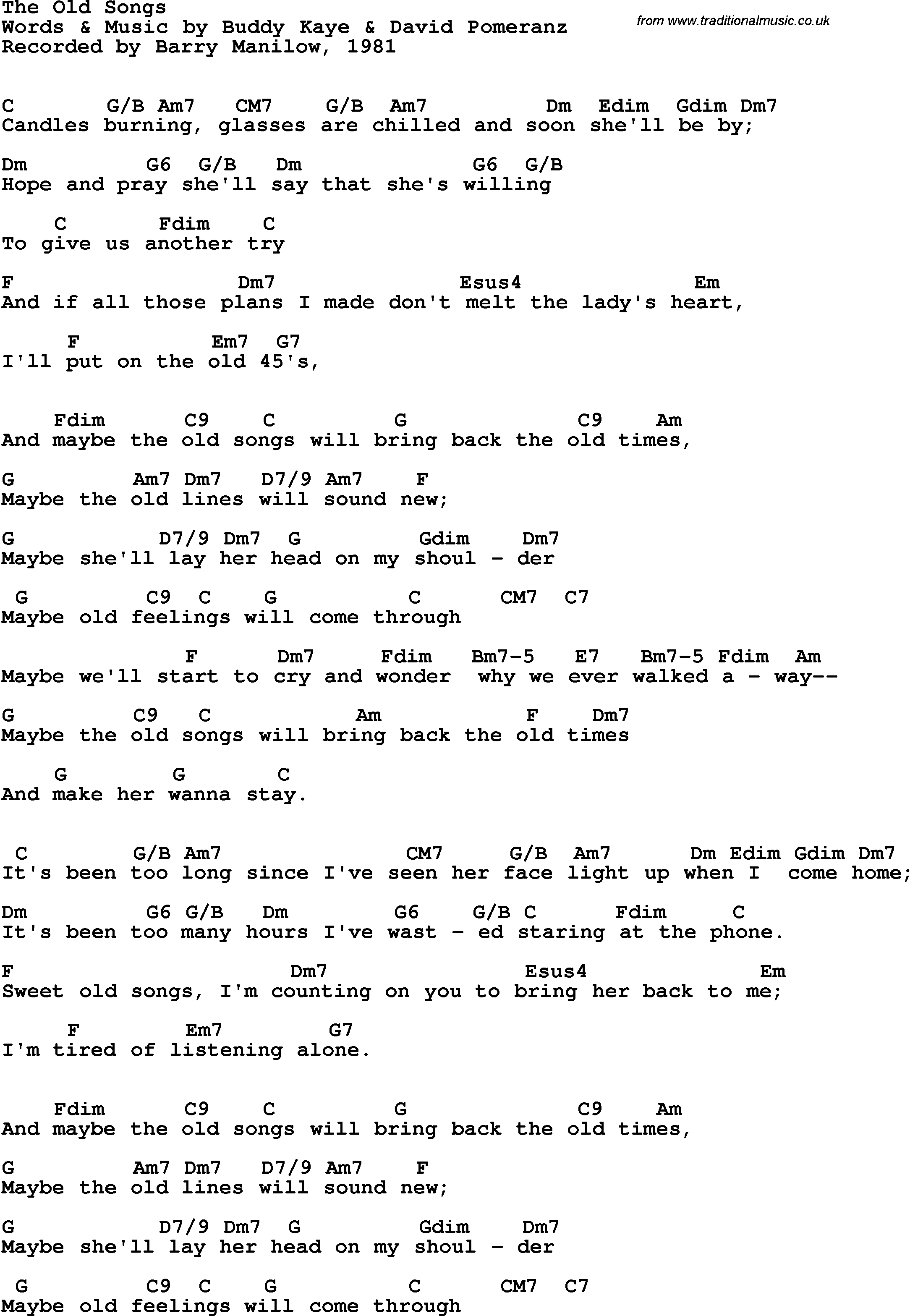 Song Lyrics with guitar chords for Old Songs, The - Barry Manilow, 1981