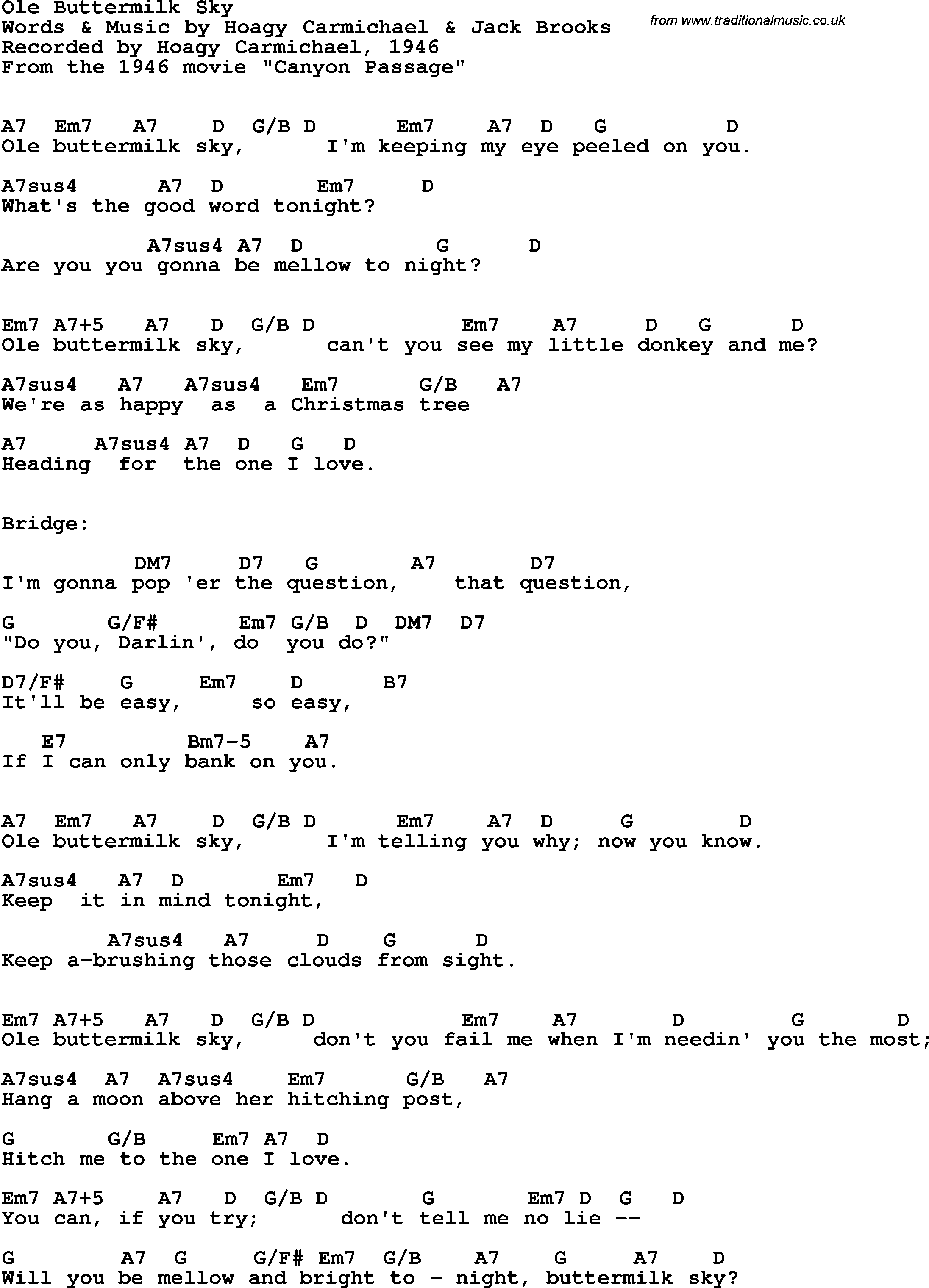 Song Lyrics with guitar chords for Ole Buttermilk Sky - Hoagy Carmichael, 1946