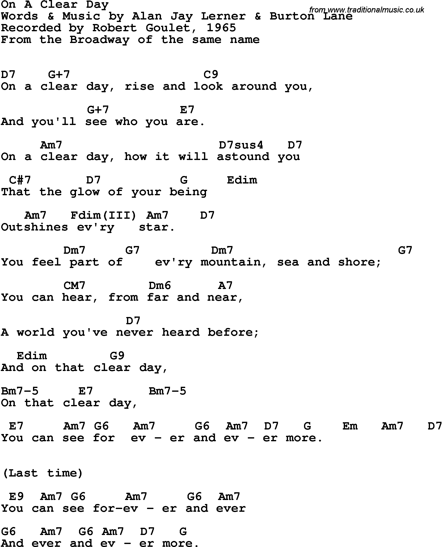 Song Lyrics with guitar chords for On A Clear Day - Robert Goulet, 1965