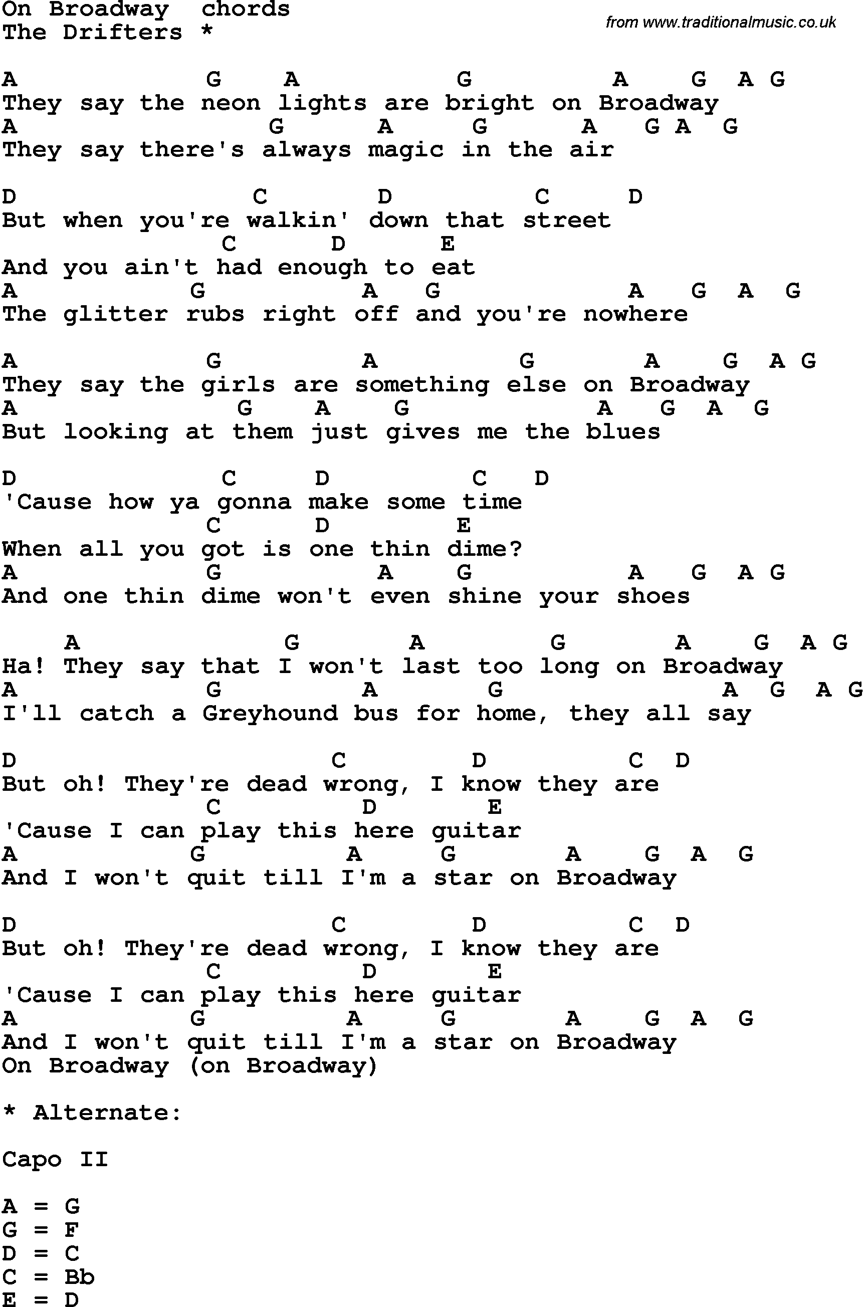 Song Lyrics with guitar chords for On Broadway