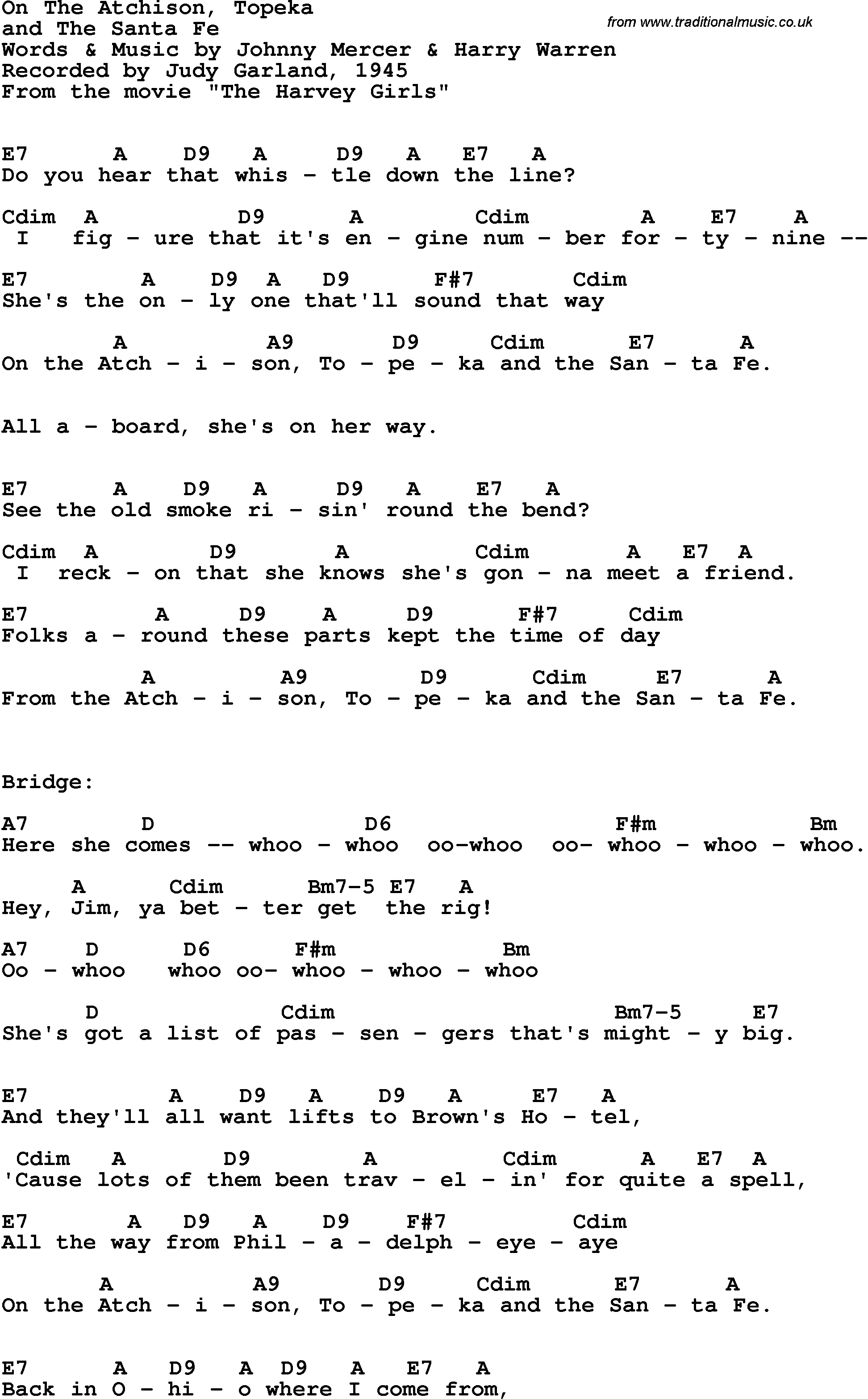 Song Lyrics with guitar chords for On The Atchison, Topeka And The Santa Fe - Judy Garland, 1945