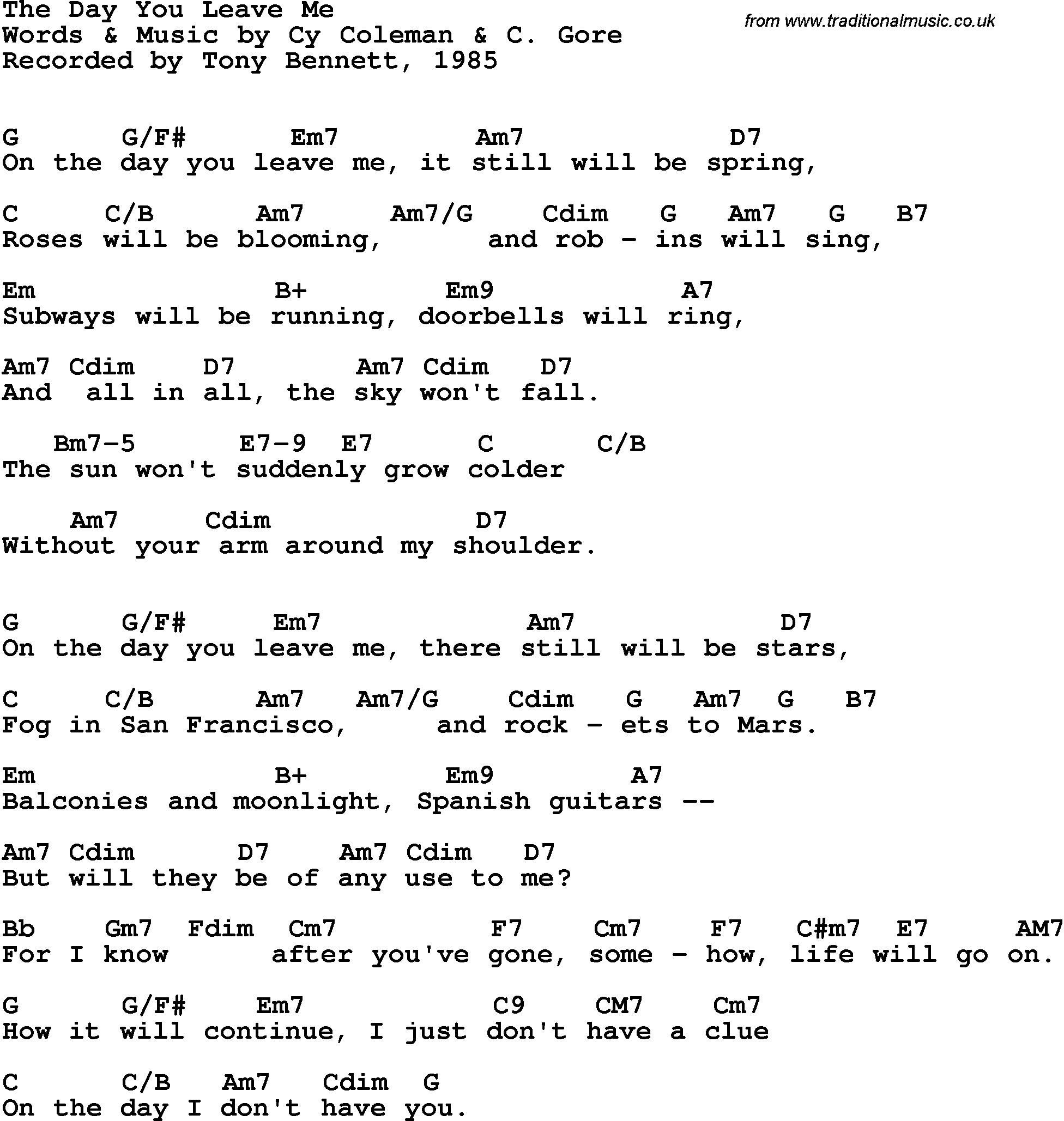 Song Lyrics with guitar chords for On The Day You Leave Me - Tony Bennett, 1985